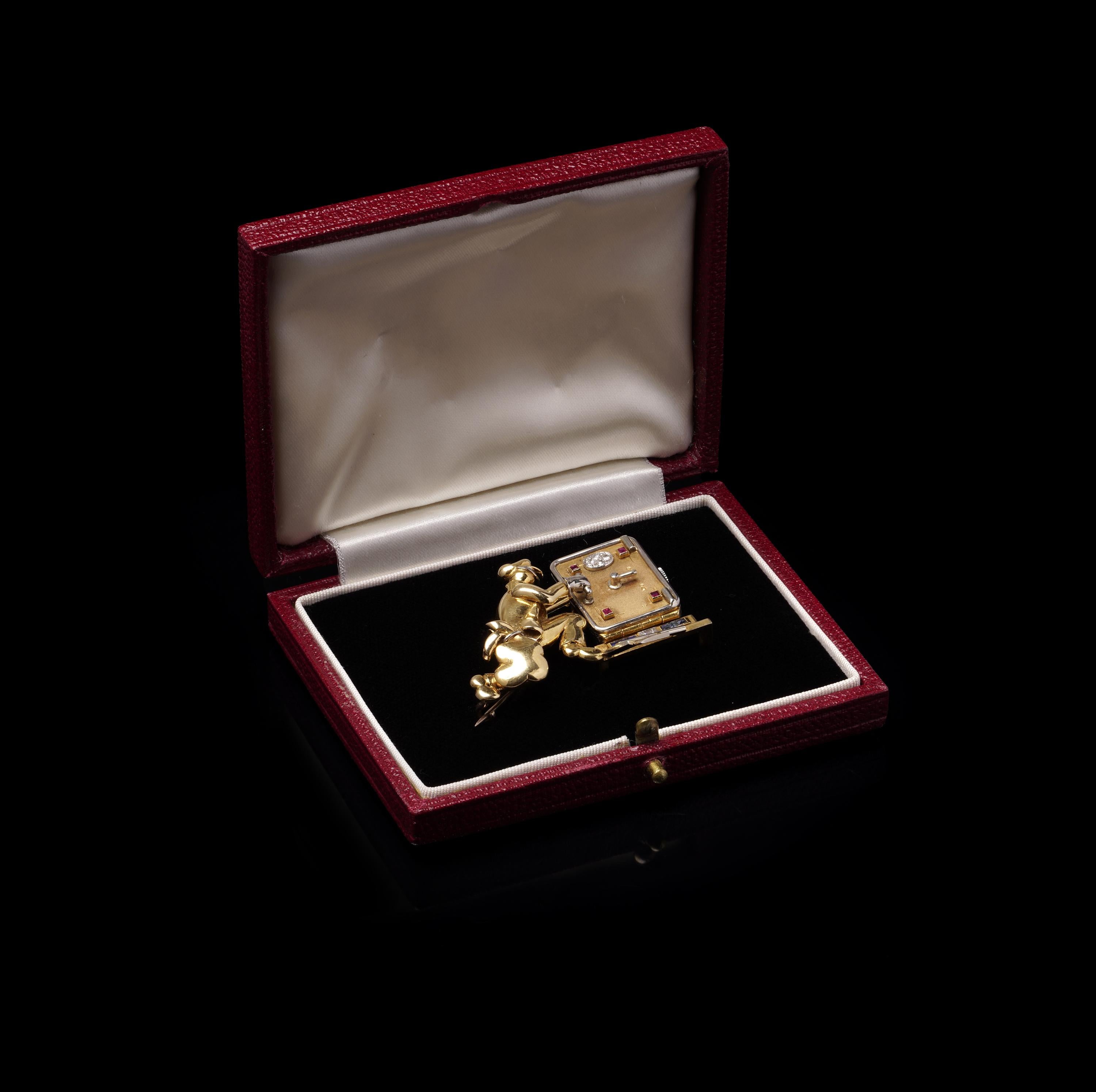 A.I C. C.C. Montre-broche en or 18kt et serti de pierres précieuses, mécanique, Stealing Time, C.1960s en vente 5