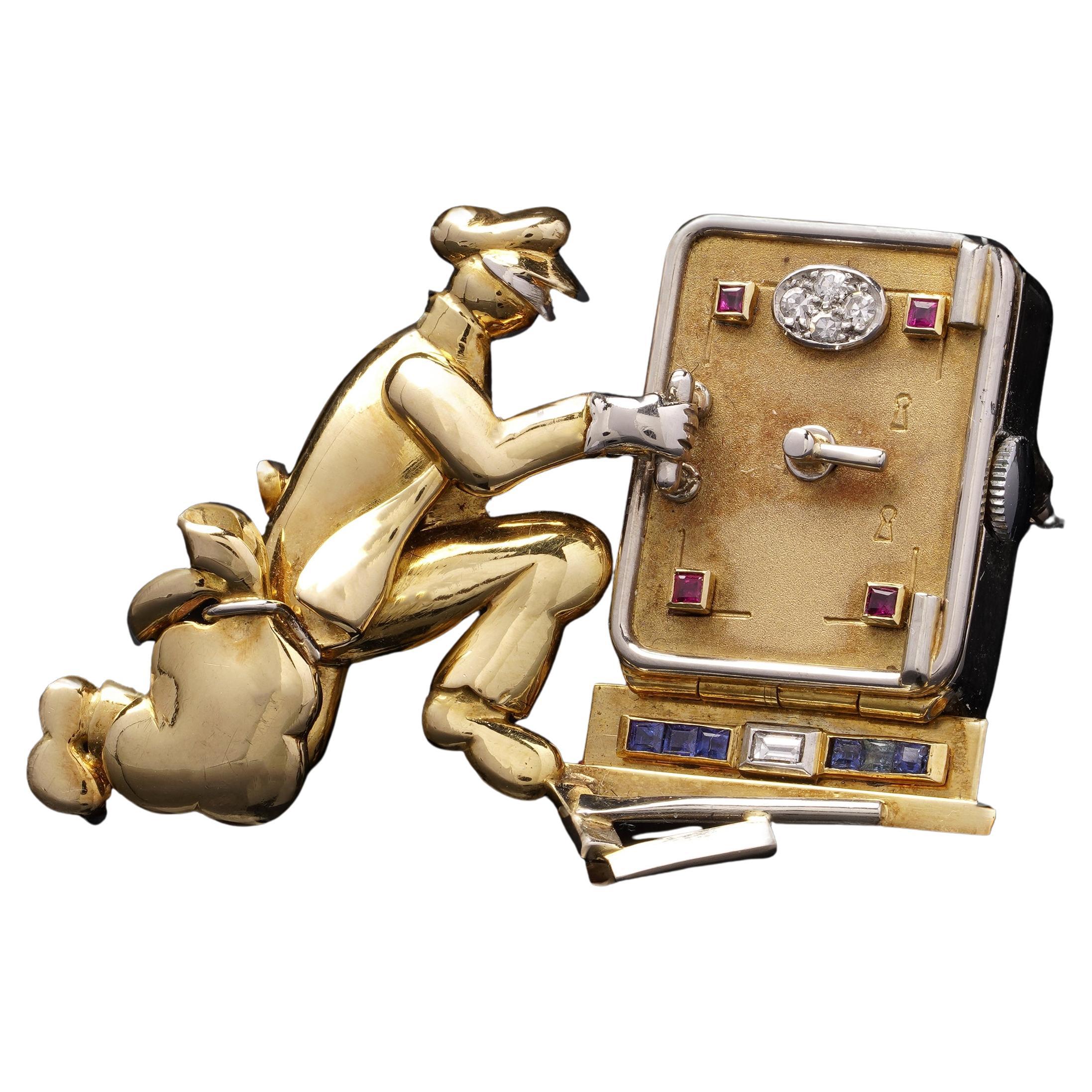 18kt Gold & Gem-Set Mechanical “Stealing Time” Brooch Watch C.1960s