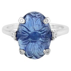 18KT Gold Hand-Carved 5.95ct Carved Tanzanite Floral Ring With Diamonds