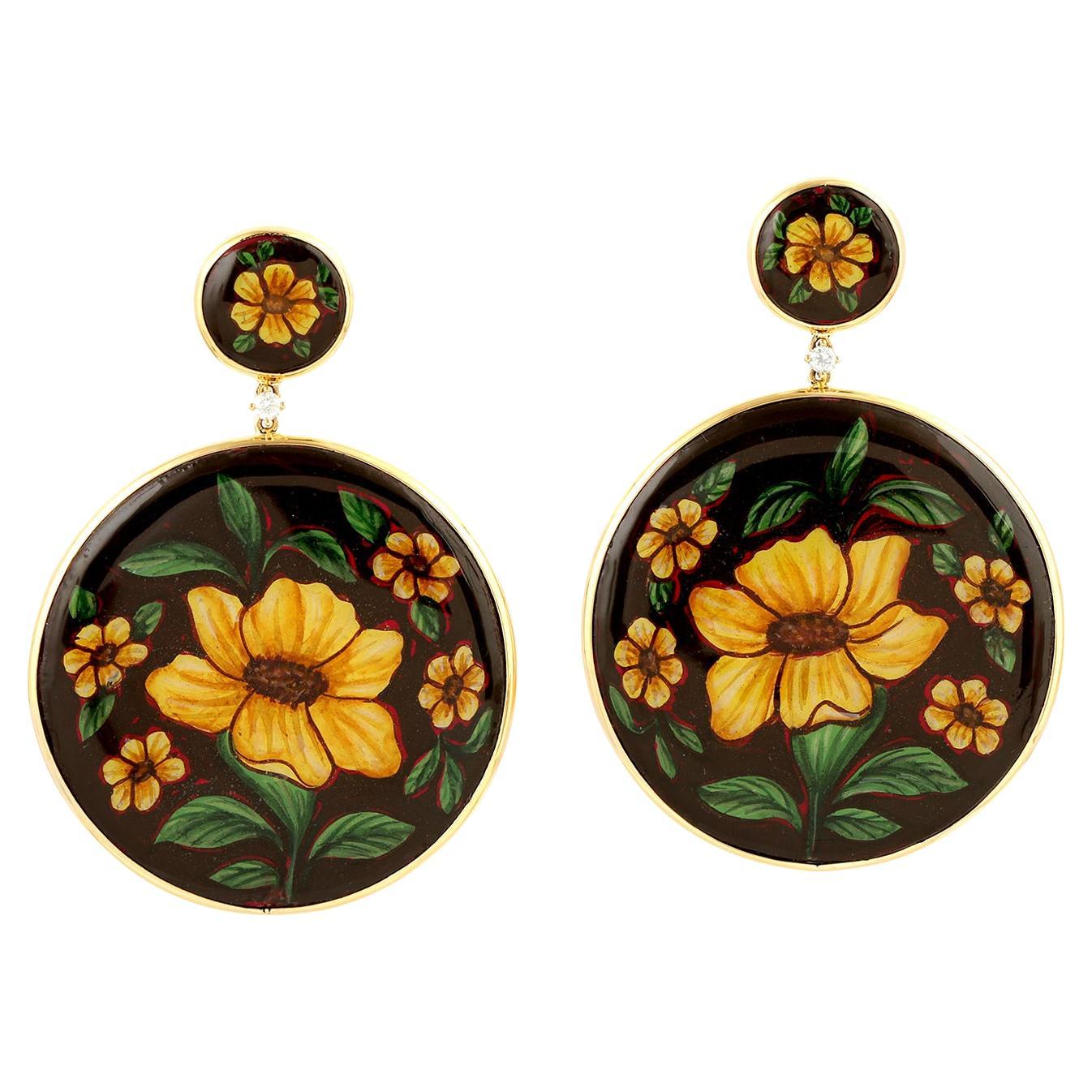 18KT Gold 
Hand-Painted Botanical Enamel Bakelite Drop Earrings For Sale