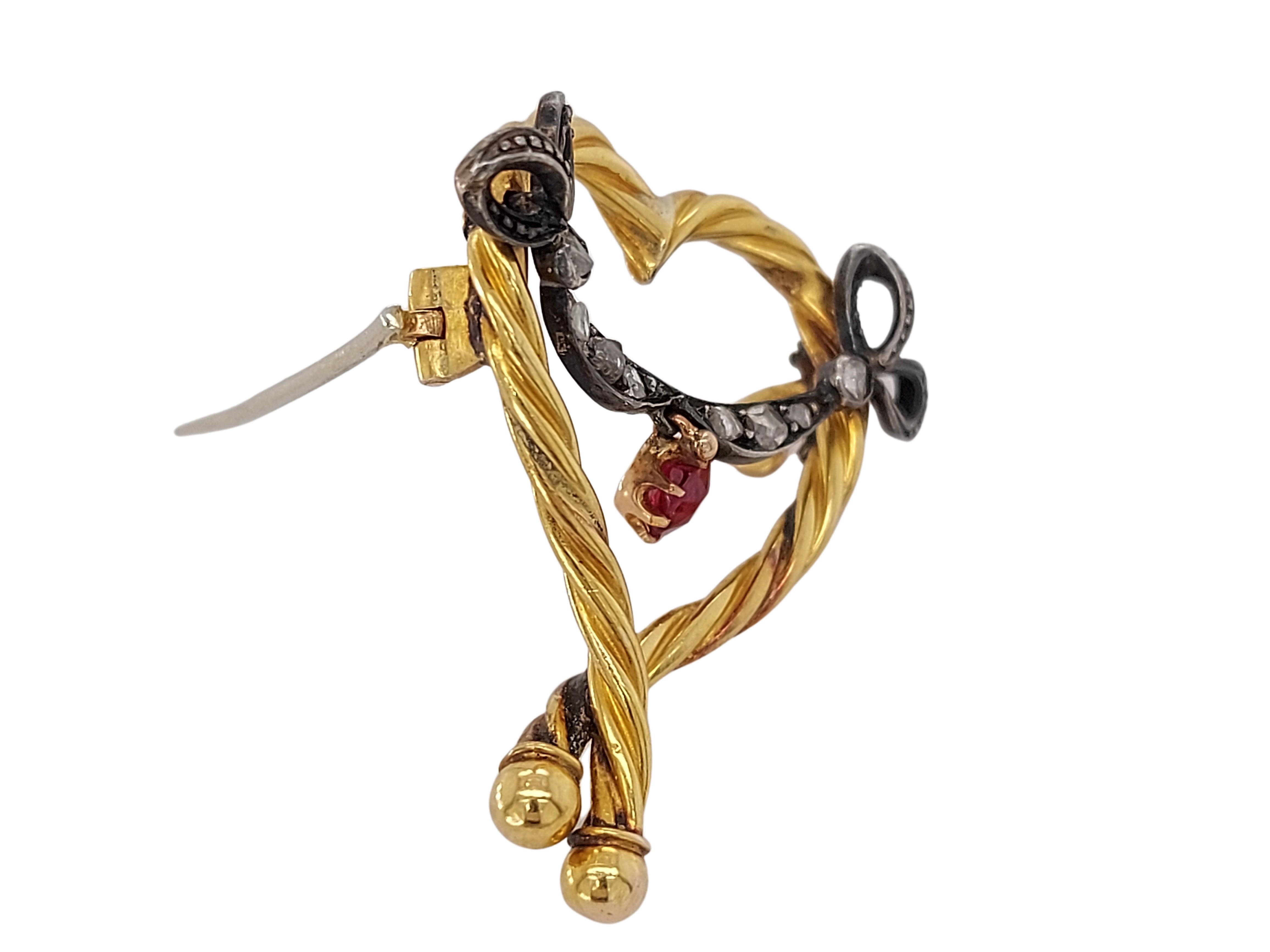 Artisan 18kt Gold Heart Shape Brooch with Natural Ruby & Old Cut Diamonds