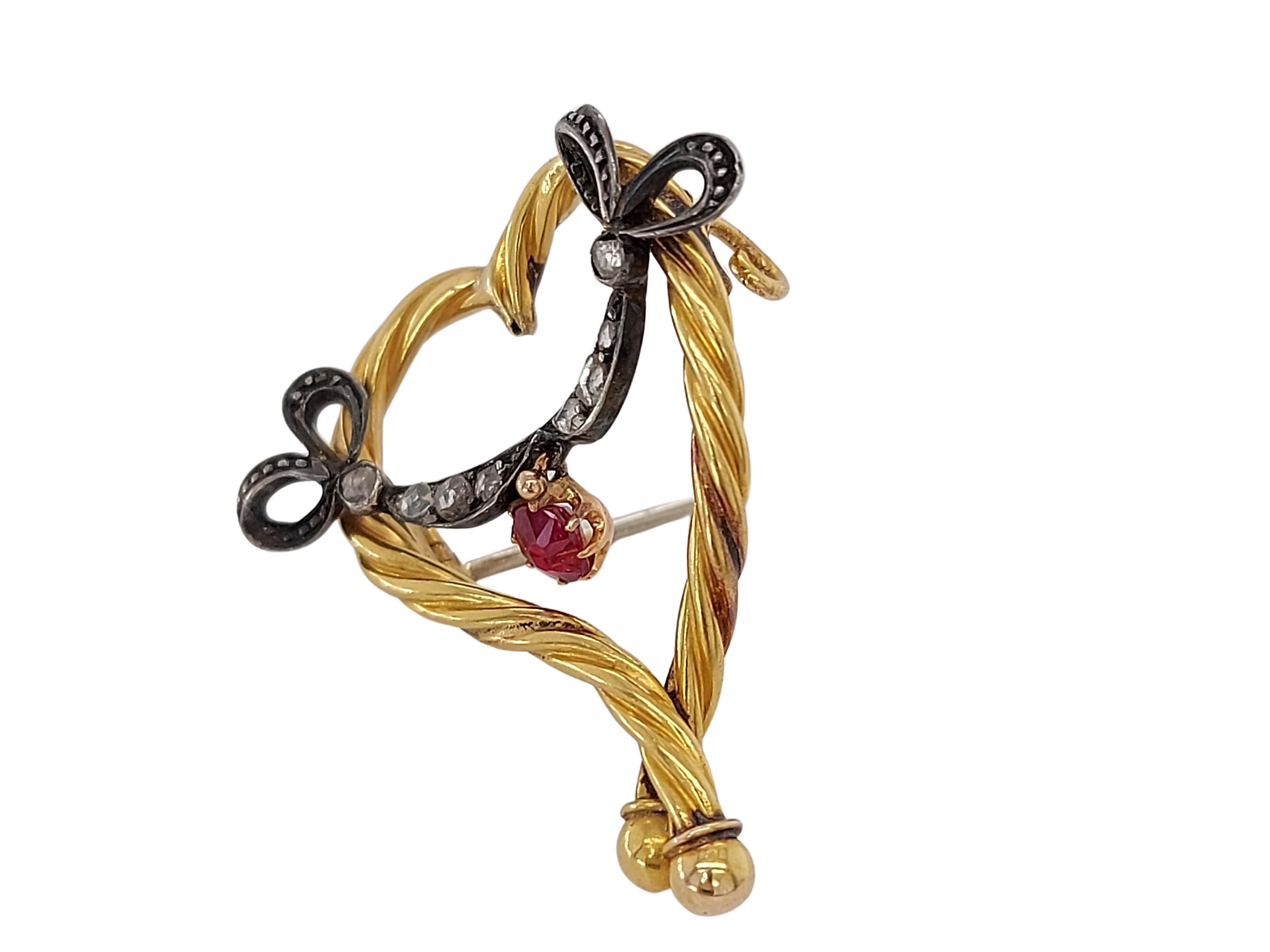 Old European Cut 18kt Gold Heart Shape Brooch with Natural Ruby & Old Cut Diamonds
