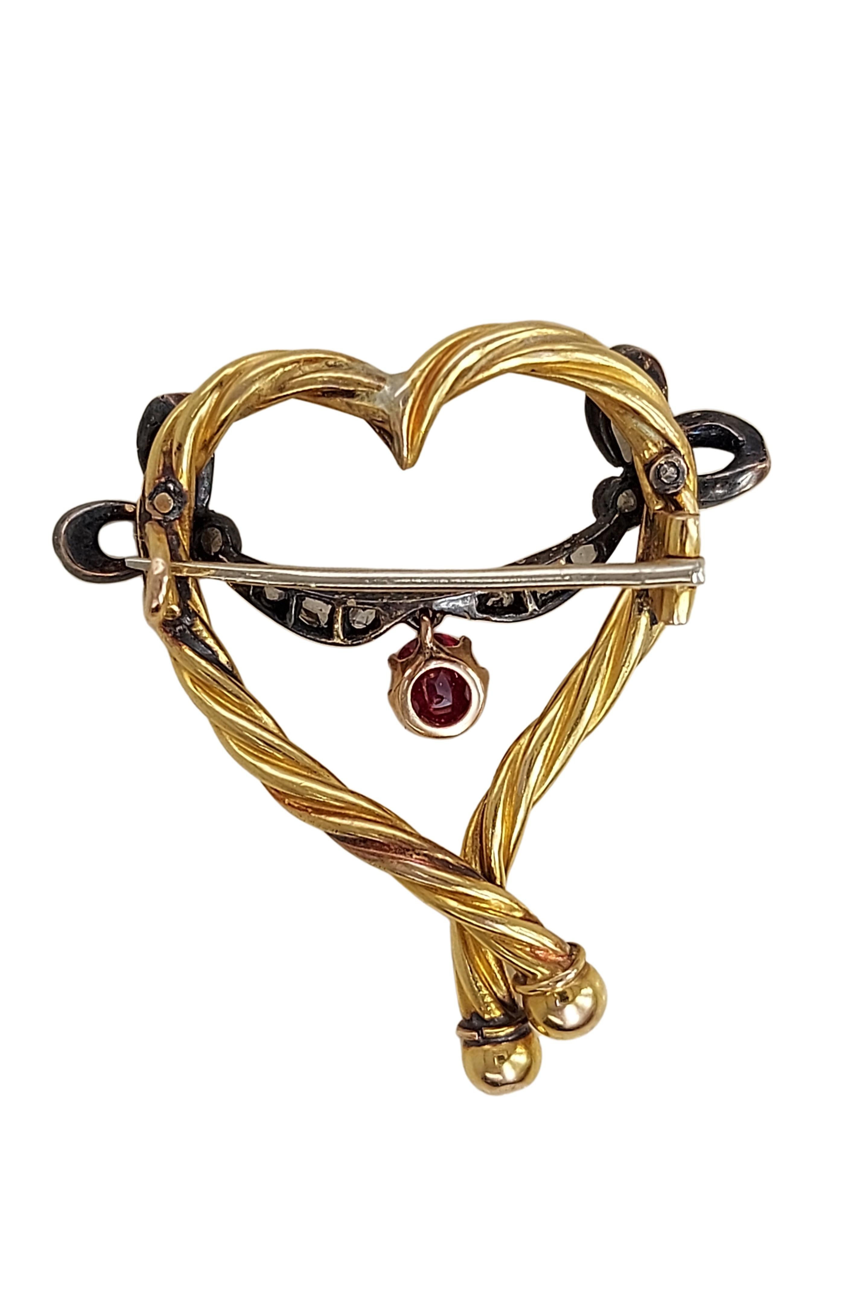 Women's or Men's 18kt Gold Heart Shape Brooch with Natural Ruby & Old Cut Diamonds