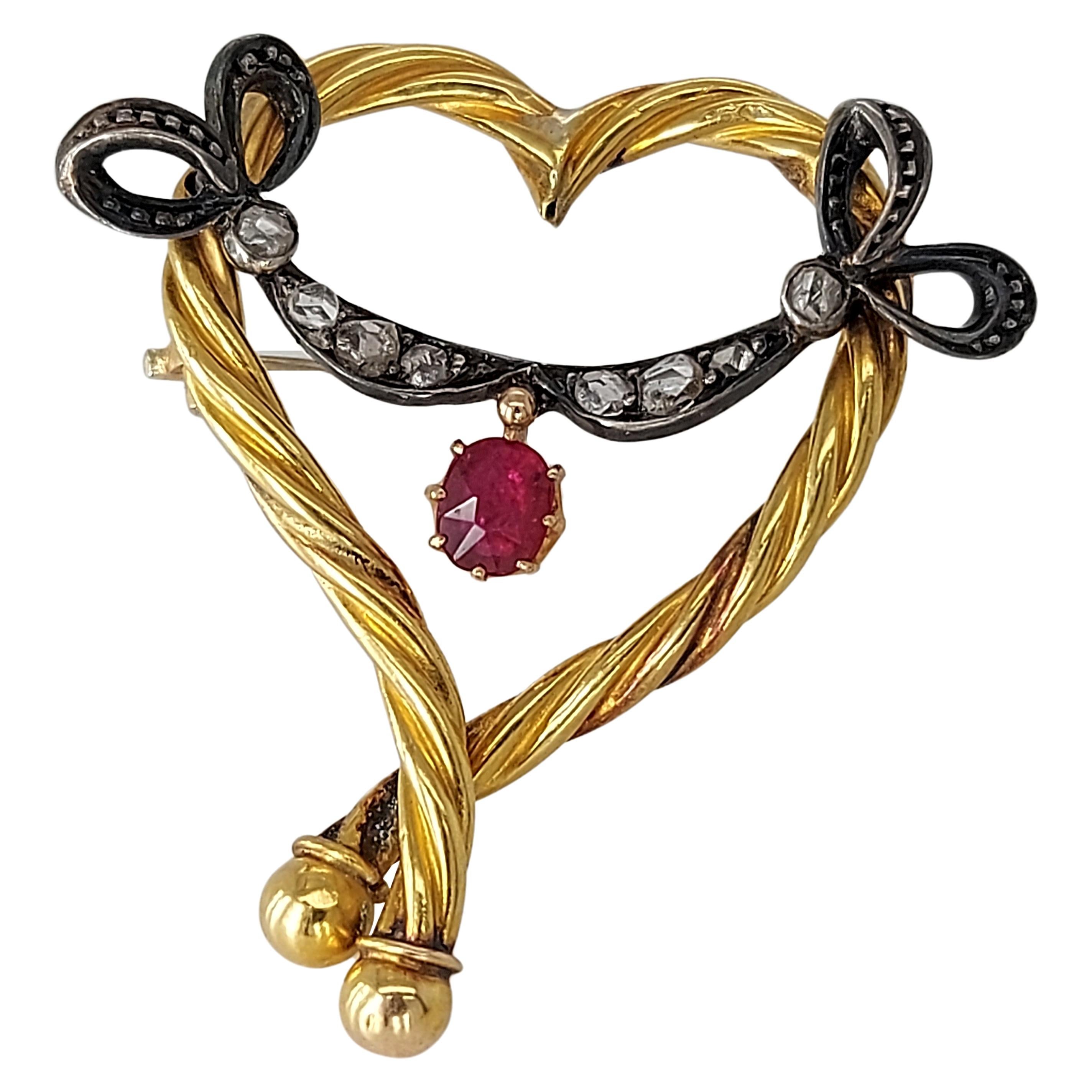 18kt Gold Heart Shape Brooch with Natural Ruby & Old Cut Diamonds