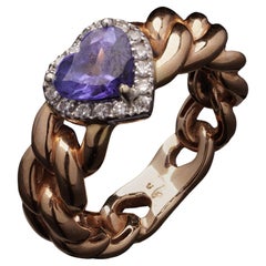 18kt Gold Heart-Shaped Tanzanite and Diamond Chain Link Ring