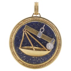 18 Karat Gold Heavy Libra Zodiac Sign Pendant with Lapis Lazuli and Diamonds