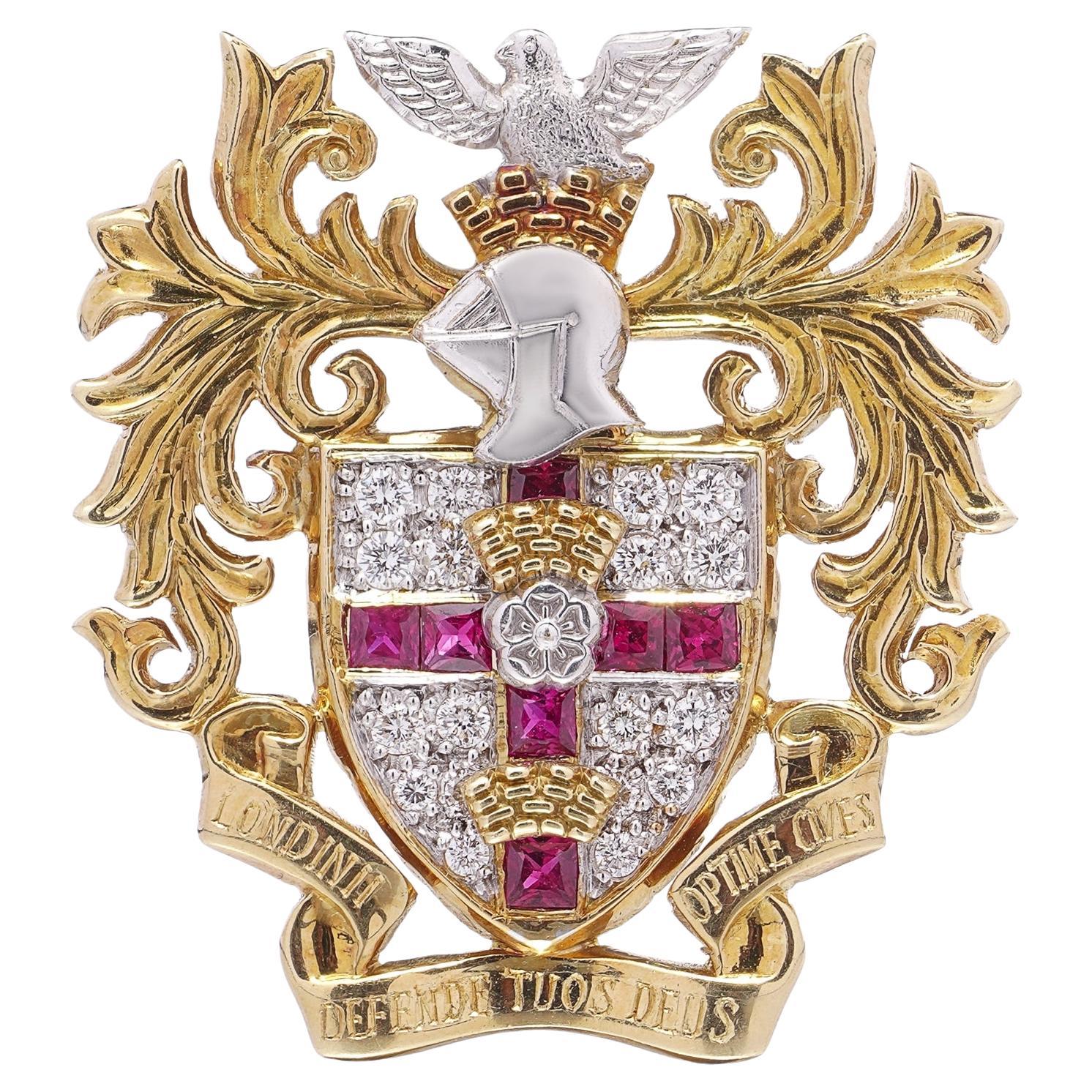 18kt Gold Heraldic Brooch with Diamonds and Rubies, Dated 2004