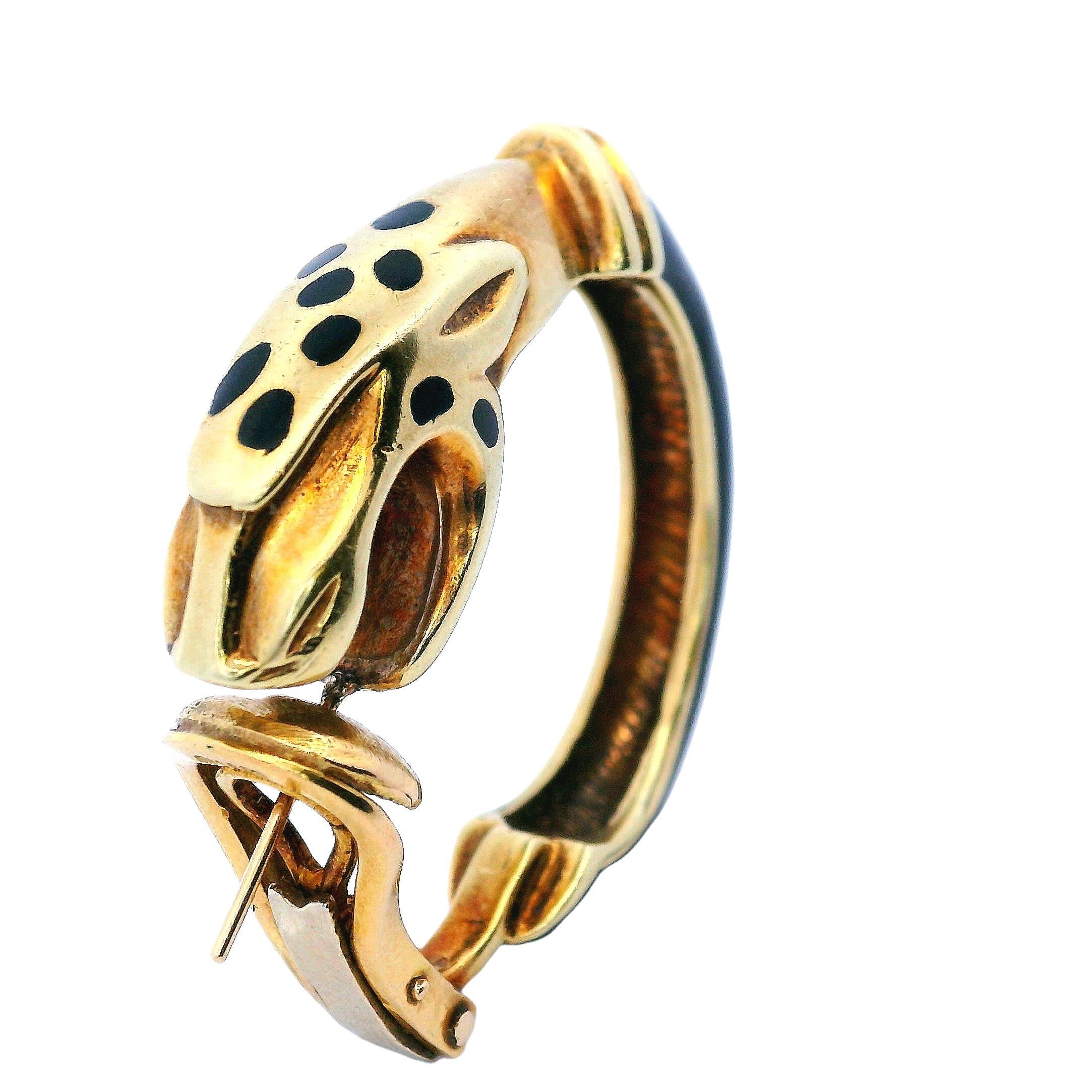 Modern 18kt Gold Hoop Panther Earrings with Enamel For Sale