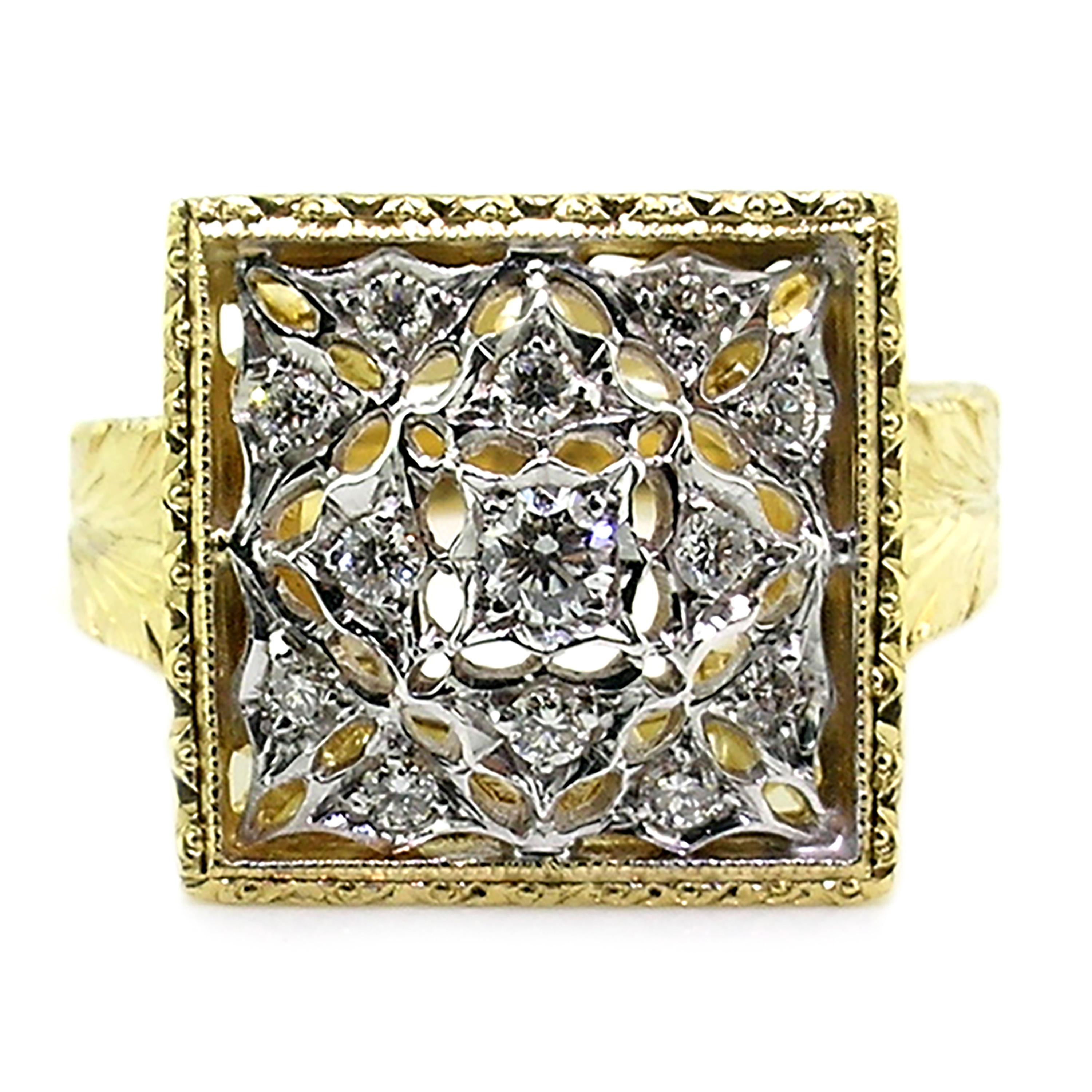 Handgravierter Ring aus 18 Karat Gold mit Spitze und Diamanten, handgefertigt in Florenz, Italien im Zustand „Neu“ im Angebot in Logan, UT