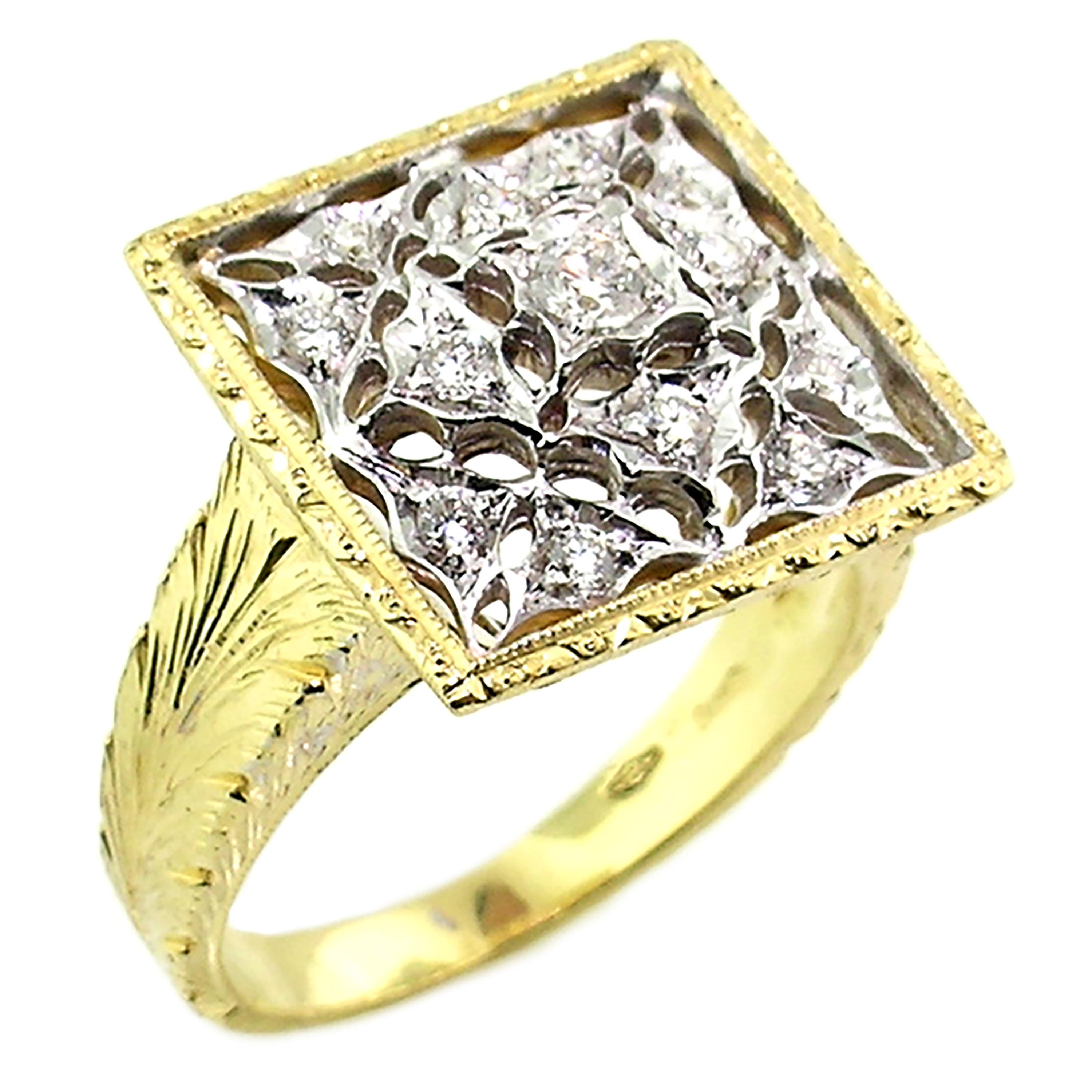 18kt Gold Lace and Diamond Hand Engraved Ring, Handmade in Florence, Italy