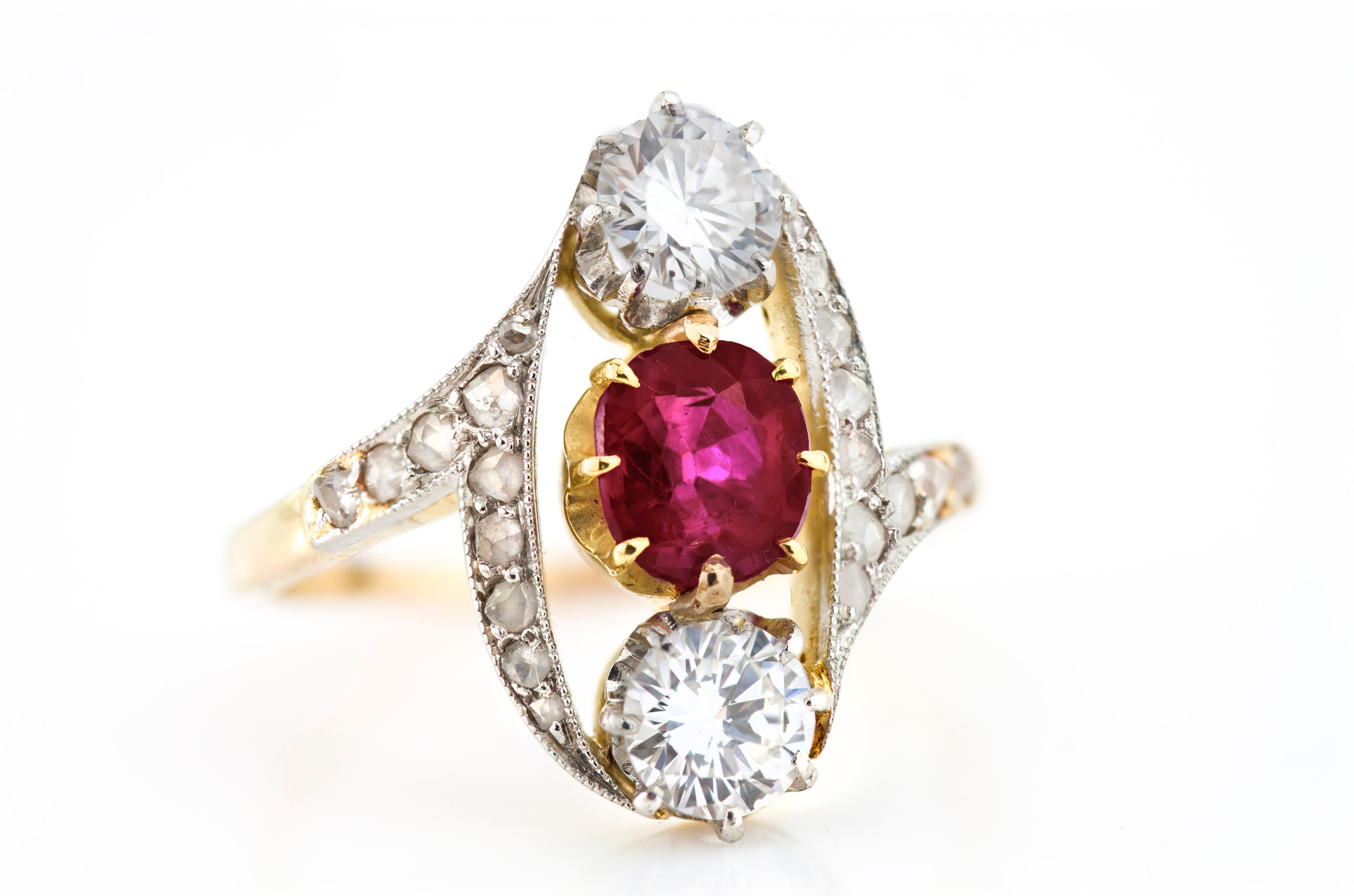 18kt gold ladies ring with natural Burma ruby and diamonds
Ring shank tested positive for 18kt gold.
Ring made in 1960's

Dimensions - 
Weight : 5 grams
Finger Size (UK) = Q (US) = 8 1/2 (EU) = 57 1/2
Size : 2.6 x 2.2 x 2.1 grams

Ruby - 
Cut: