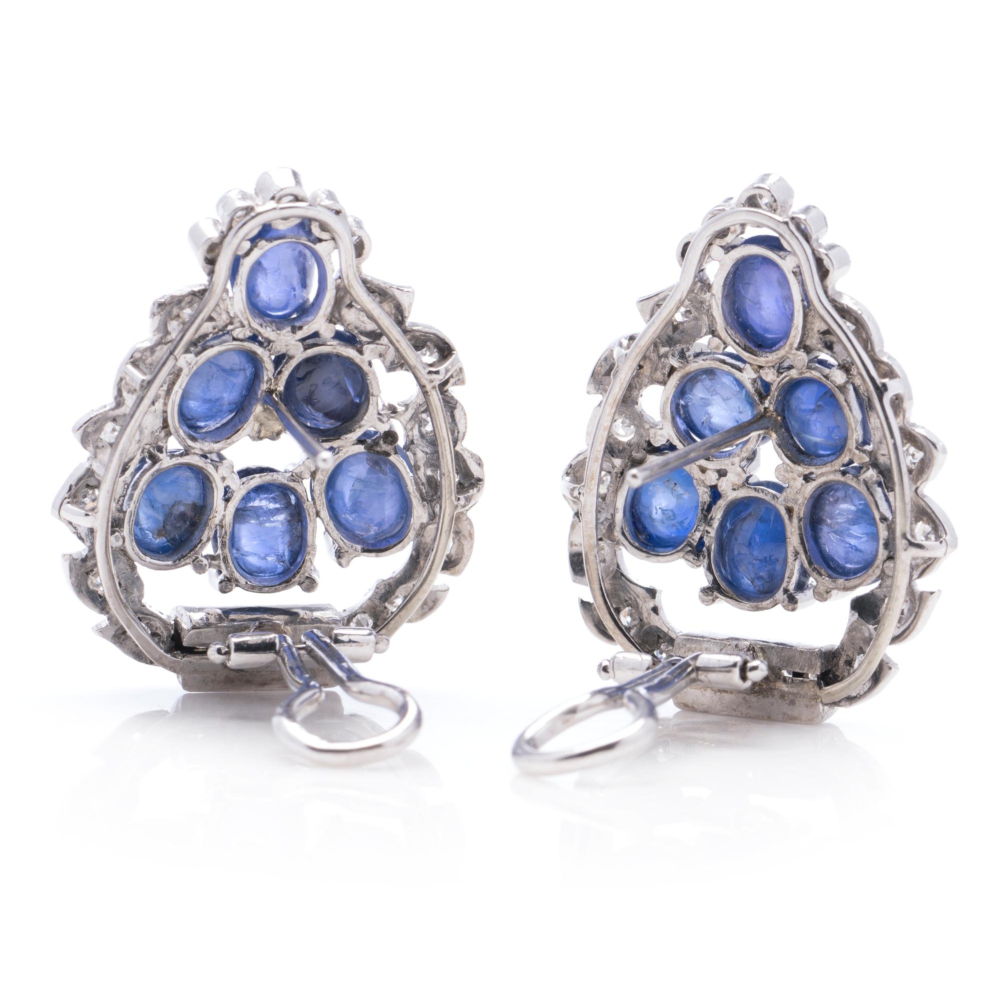 Women's 18k Gold Leaf-Shaped Earrings with Natural Cabochon Sapphires and Diamonds For Sale