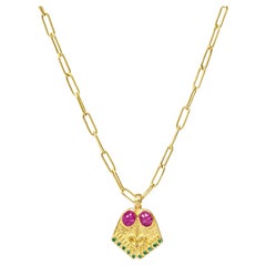 18kt Gold Lotus Feet Necklace with Cabochon Ruby, Emerald and Diamond