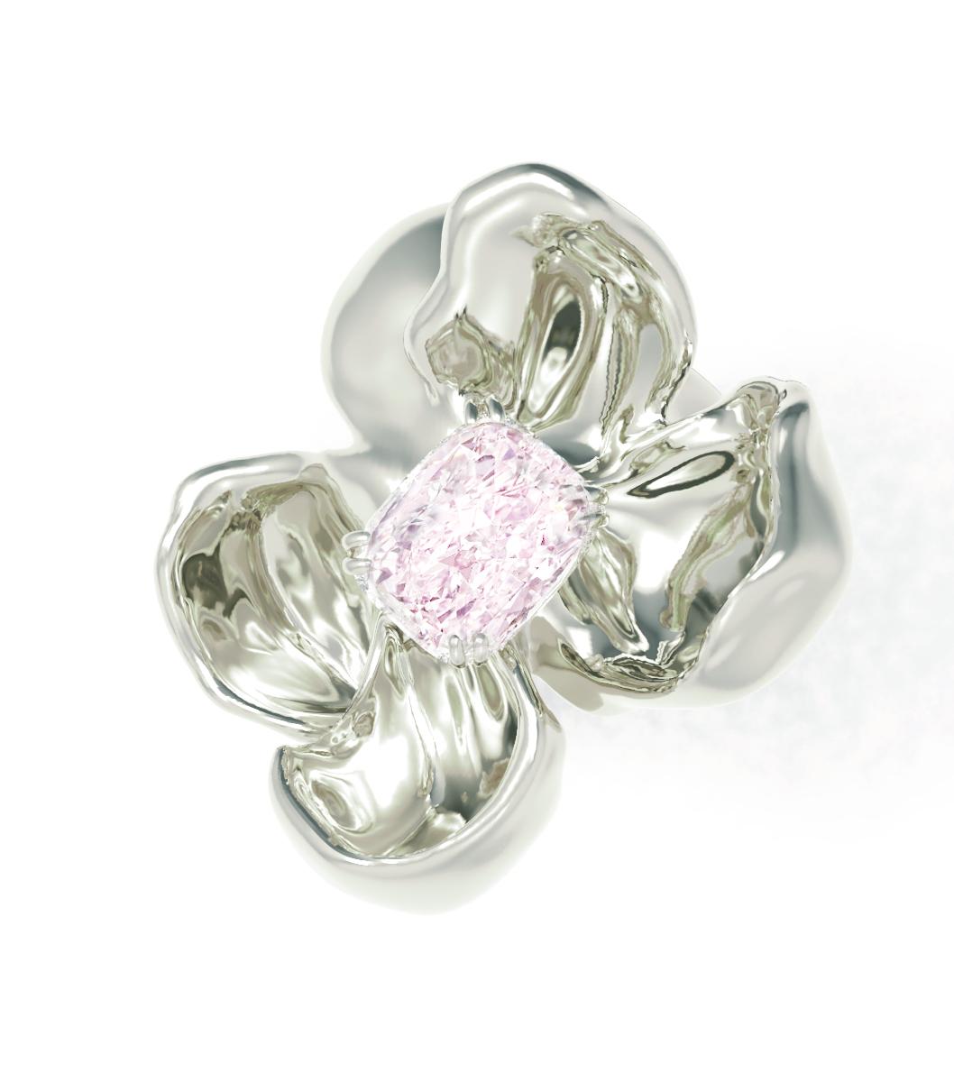 This Magnolia Flower Sculptural pendant necklace is crafted in 18 karat white gold and features a large certified fancy light purplish pink diamond of excellent quality. The crushed ice cushion shape is the artist's favorite for displaying the