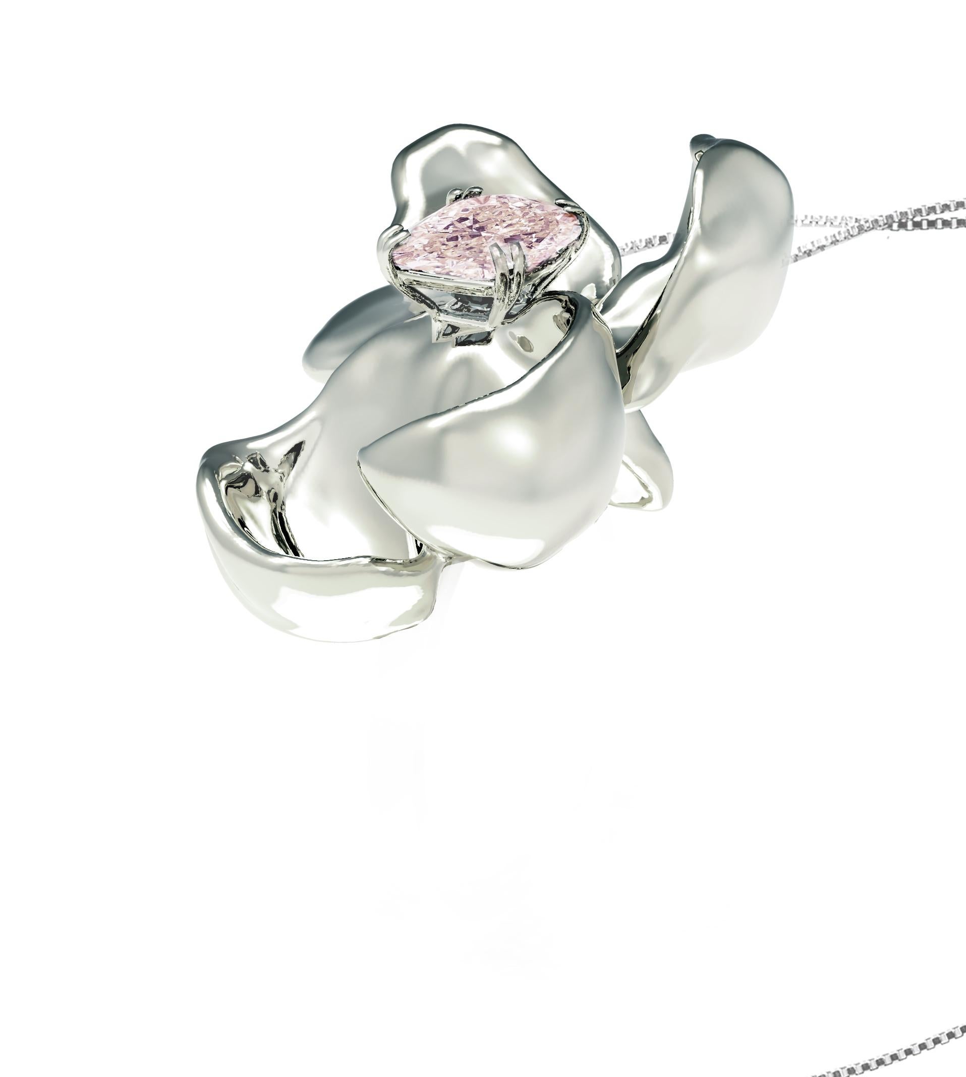 Artist Certified Purplish Pink Diamond White Gold Magnolia Pendant Necklace For Sale