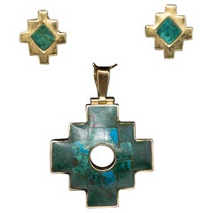 18kt Gold & Malachite Gemstone Pendant and Earrings