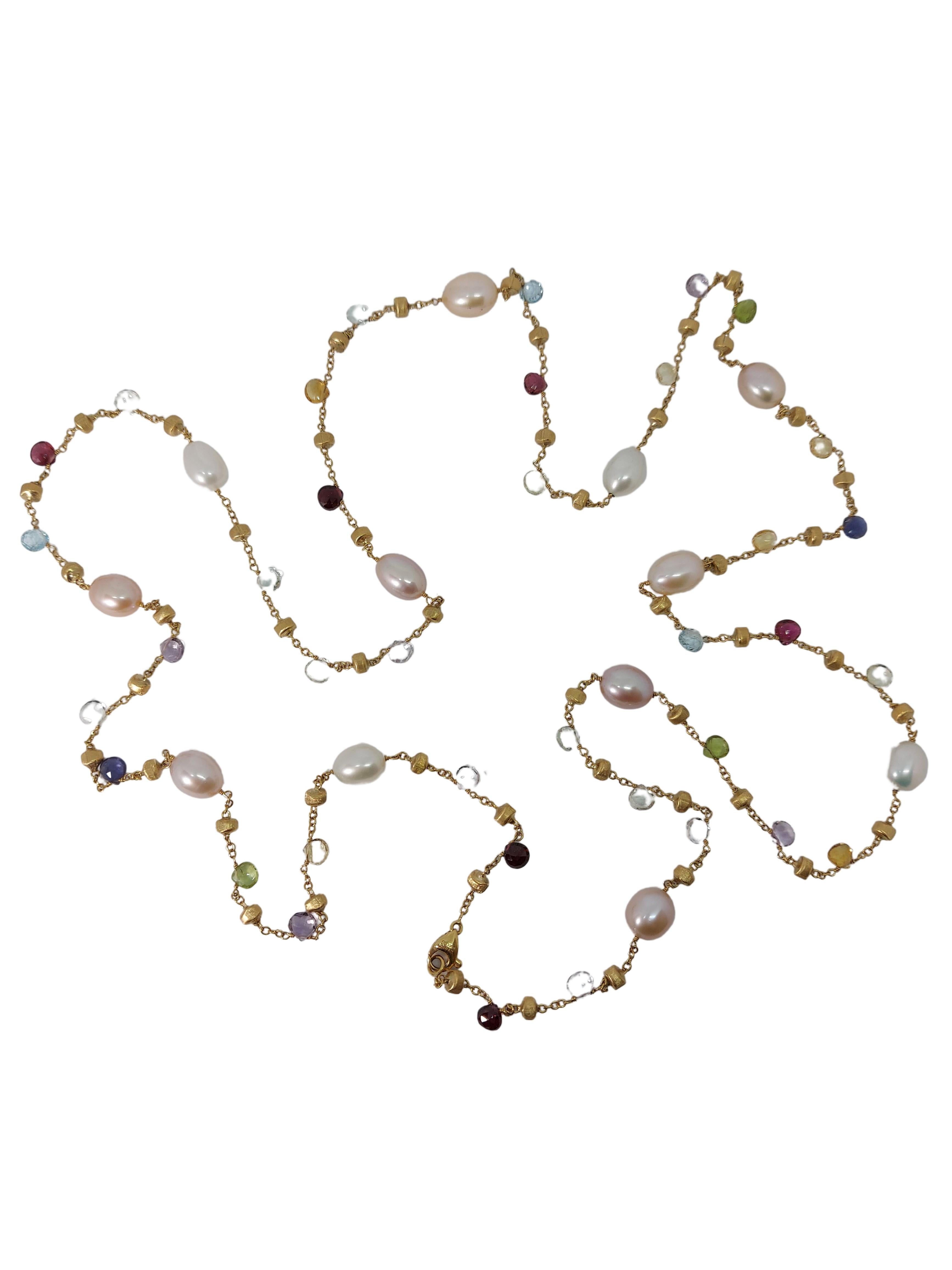 Delightfull 18kt Yellow Gold Long Necklace from Marco Bicego Paradise Collection with pearls and Semi Precious stones in Briolet Cut

Semi Precious stones: Tourmaline, Amethyst, Aquamarine, Citrine & Rubellite
3 yellow
3 green
13 white
3 light