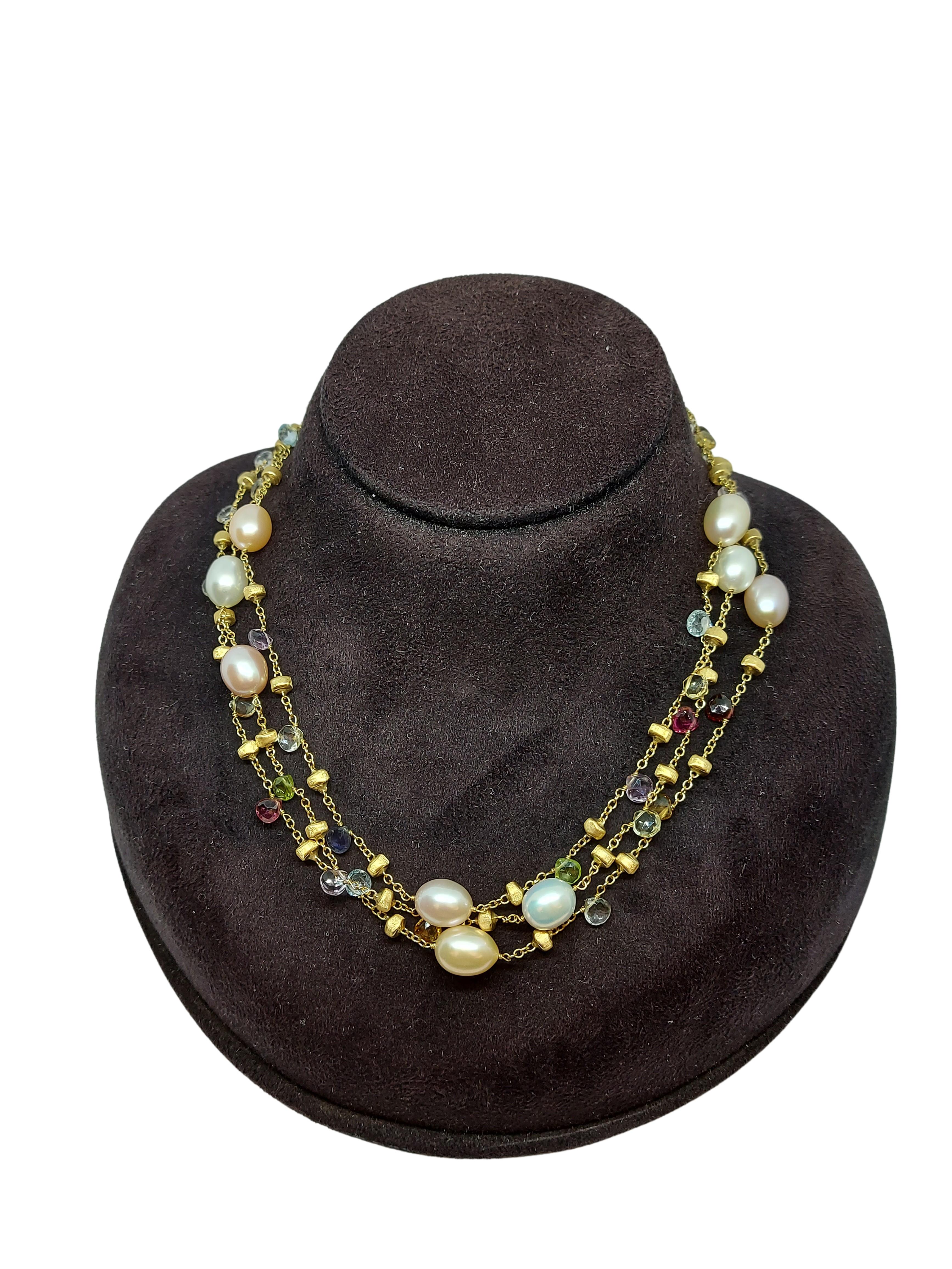 18kt Gold Marco Bicego Long Necklace, Paradise Collection, Pearls & Gemstones 1
