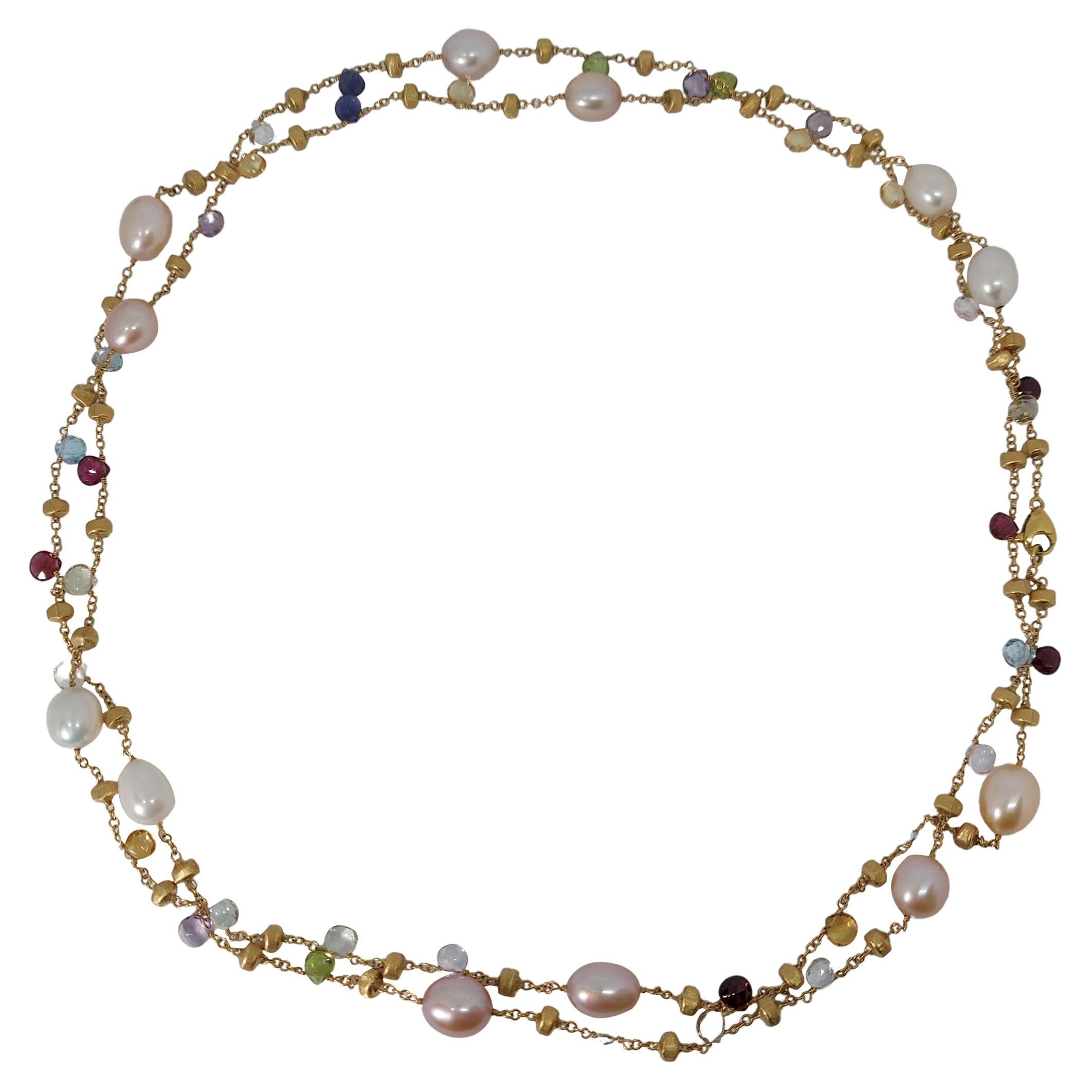 18kt Gold Marco Bicego Long Necklace, Paradise Collection, Pearls & Gemstones