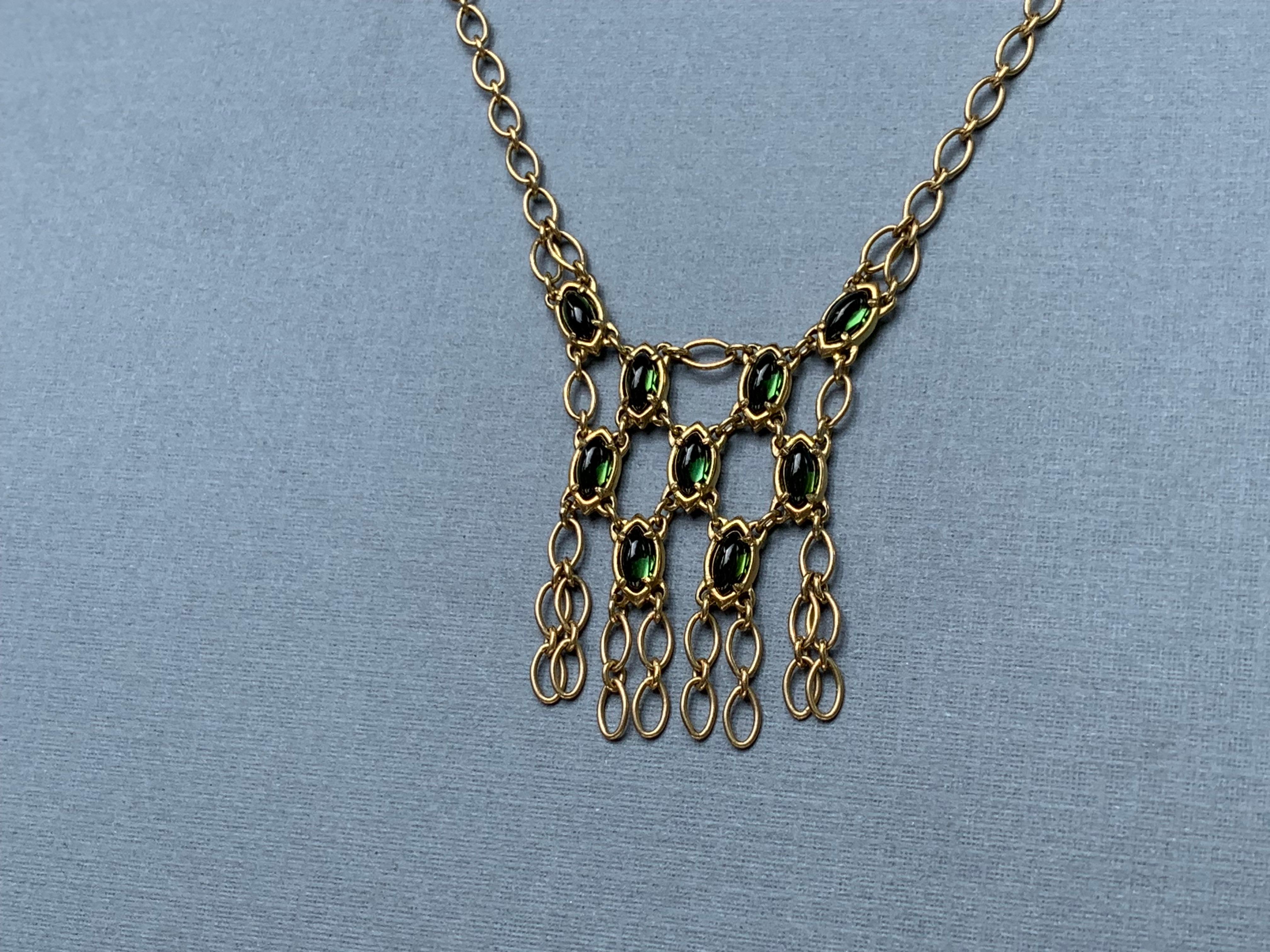 Women's 18kt Gold Mesh Chain Pendant Necklace with Green Tourmaline Marquise Cabochon For Sale