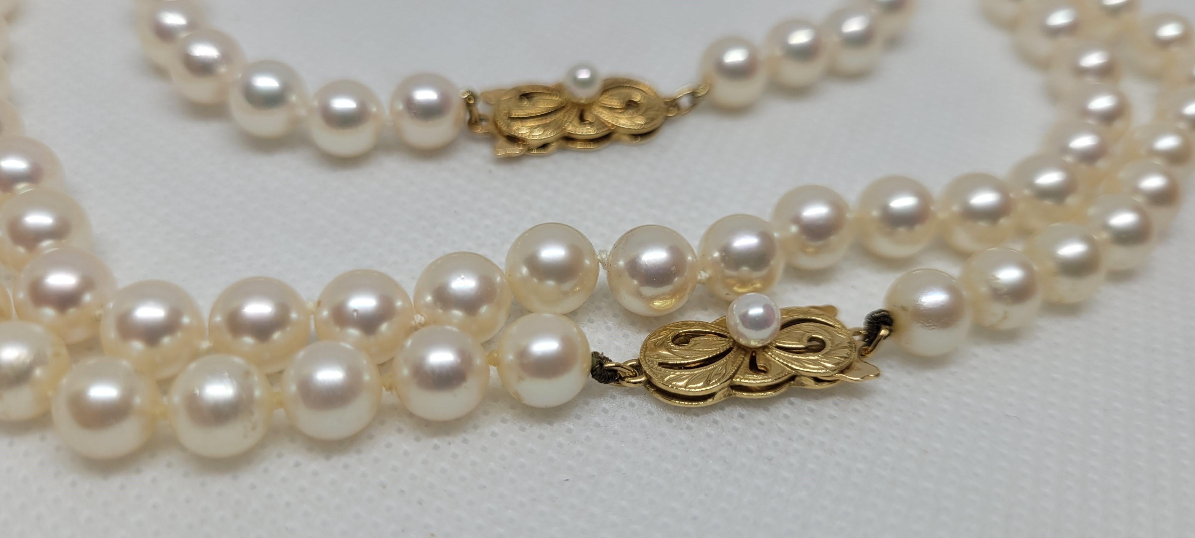 Modern 18kt Gold Mikimoto Akoya Pearl Necklace & Bracelet Set, 32 In, 6.6mm, Beautiful For Sale