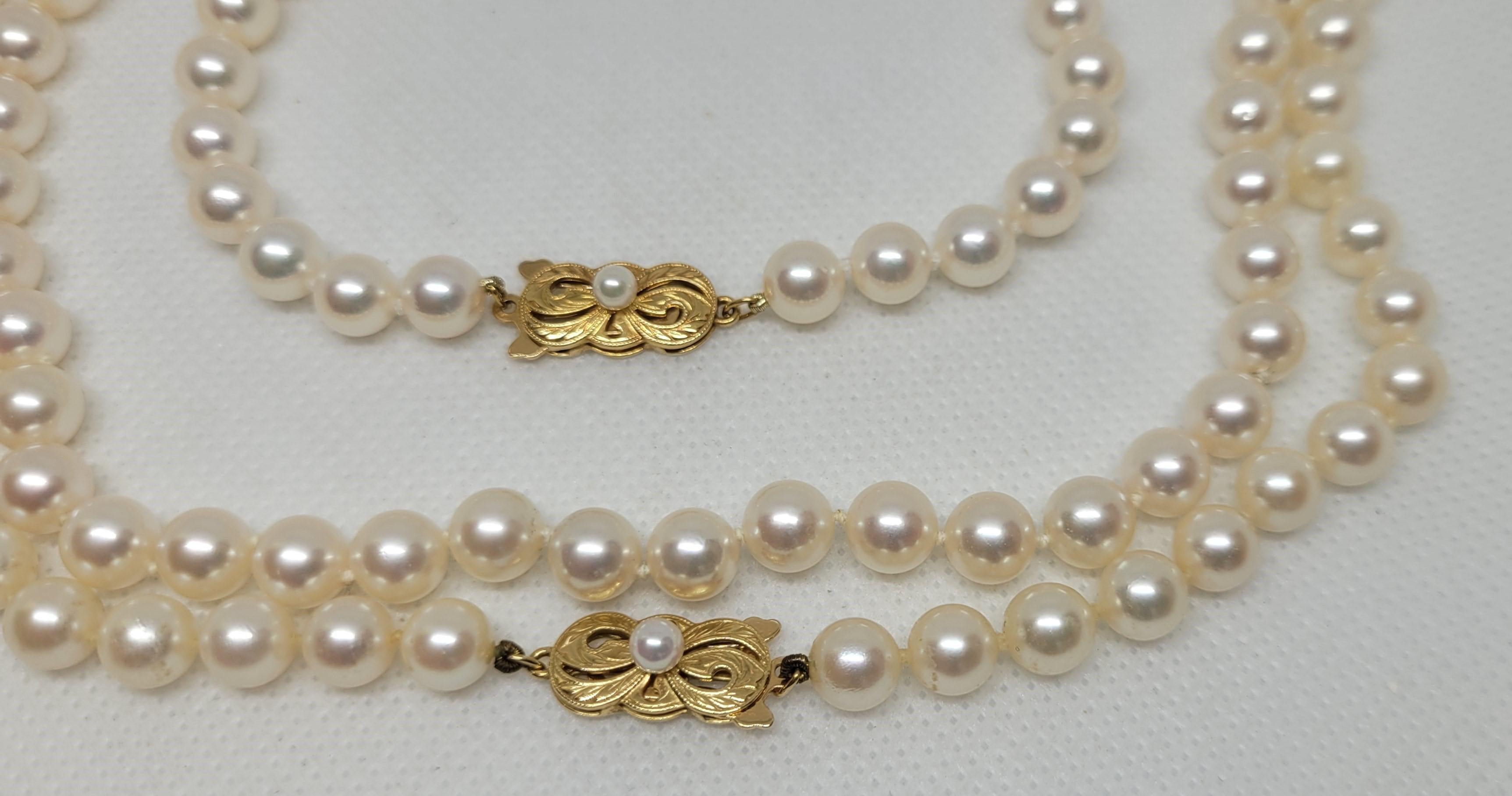Round Cut 18kt Gold Mikimoto Akoya Pearl Necklace & Bracelet Set, 32 In, 6.6mm, Beautiful For Sale