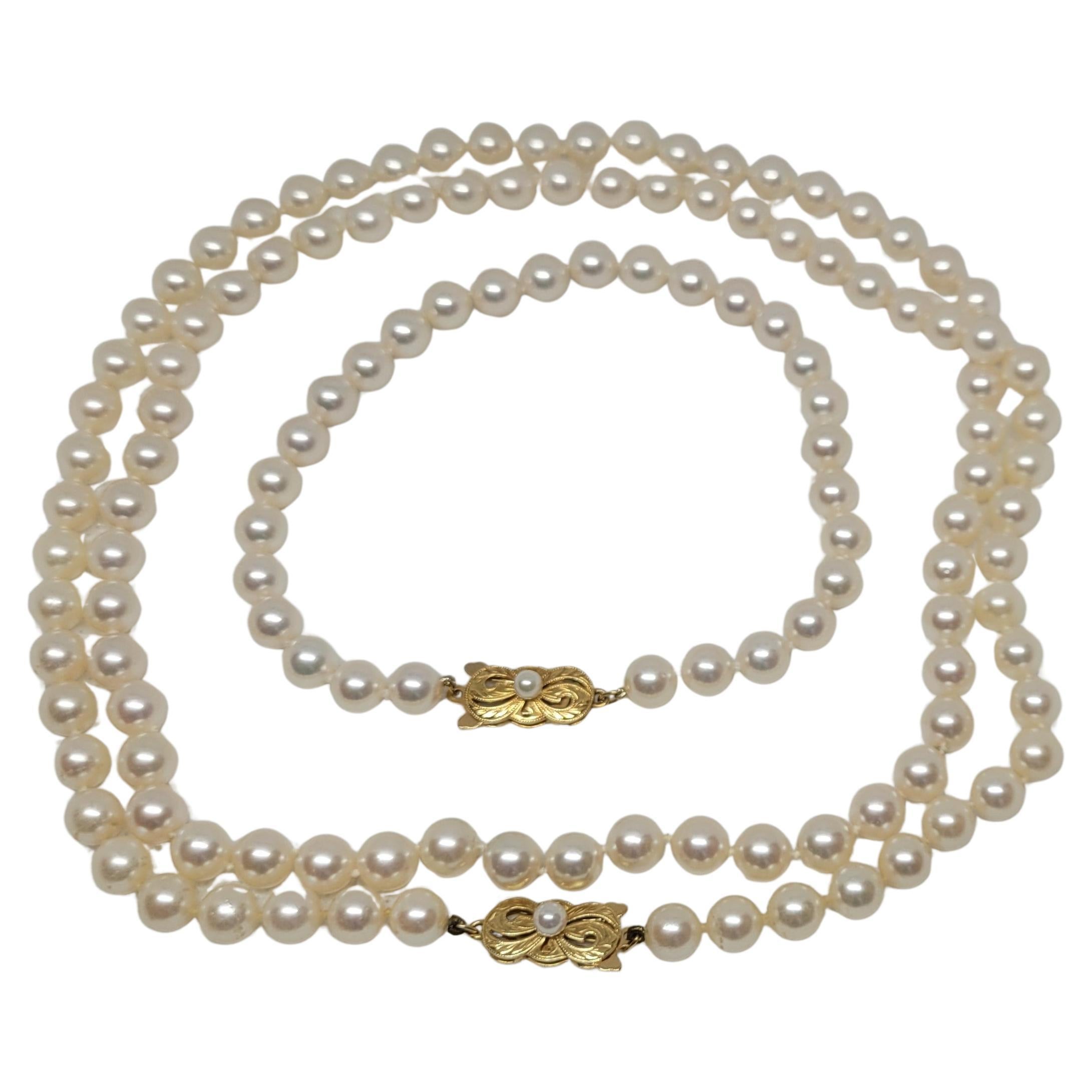 18kt Gold Mikimoto Akoya Pearl Necklace & Bracelet Set, 32 In, 6.6mm, Beautiful For Sale