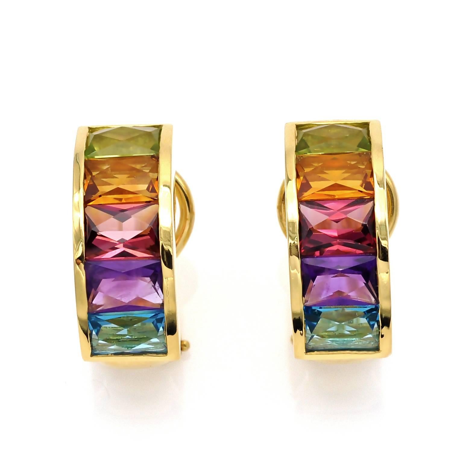 Contemporary 18 Karat Gold Multi Gemstone Clip-On Earrings