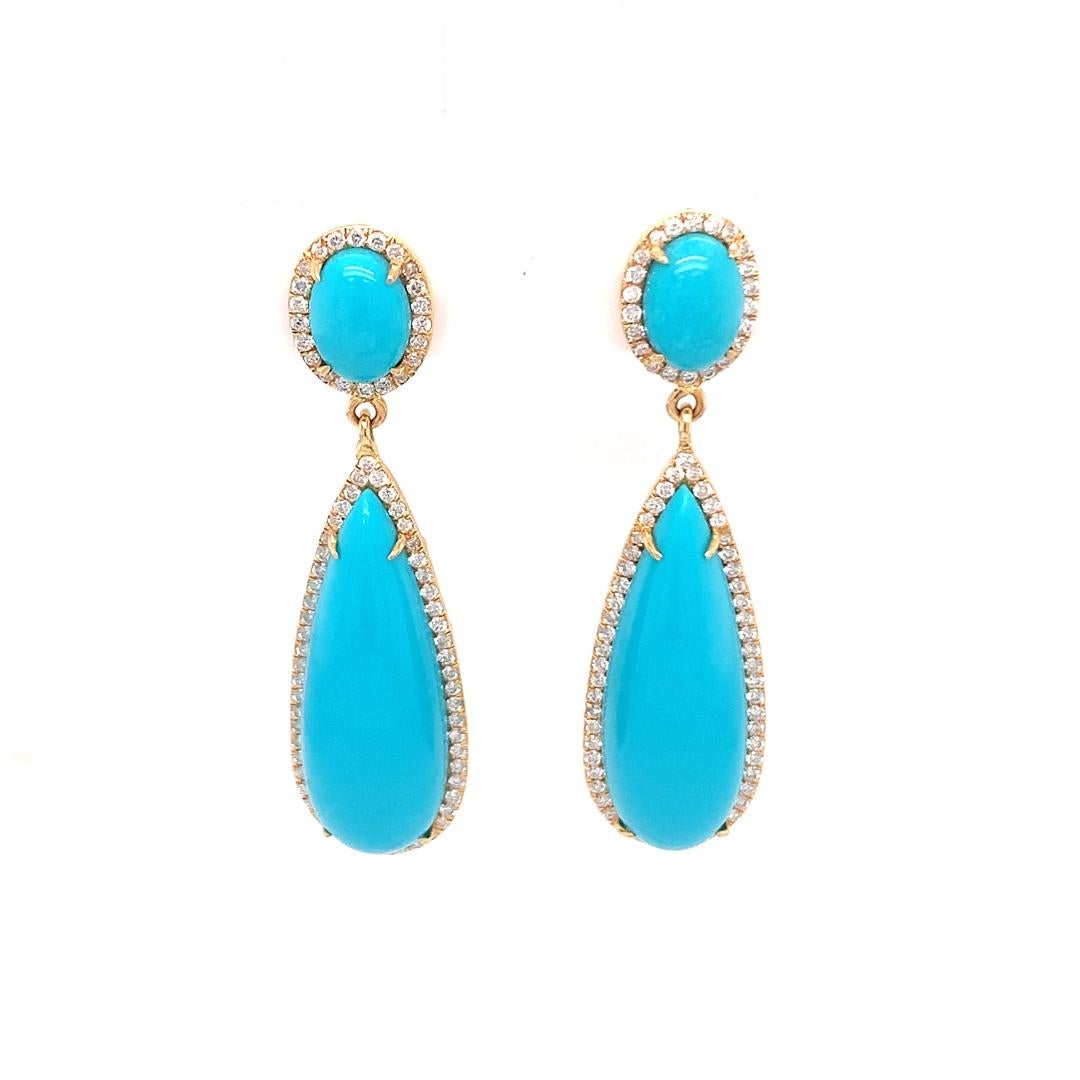 Women's 18Kt gold natural diamond and turquoise earrings For Sale