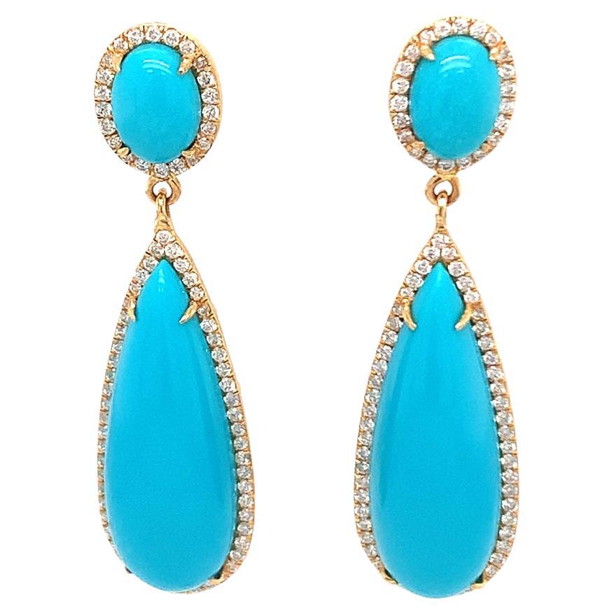 18Kt gold natural diamond and turquoise earrings For Sale