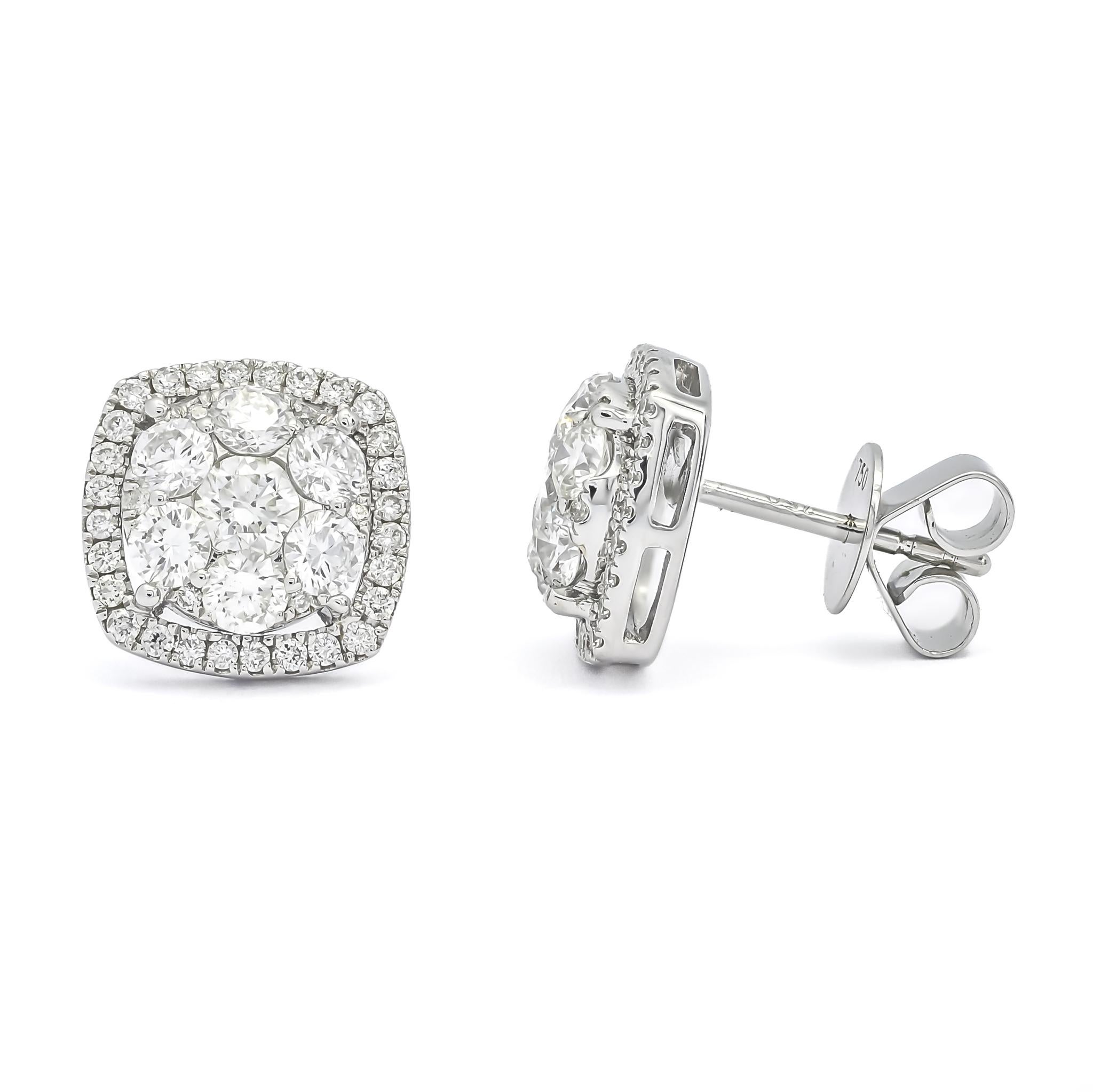 Art Nouveau Natural Diamonds Halo Cluster Jewelry Set, 18 Karat White Gold Diamond Set For Sale