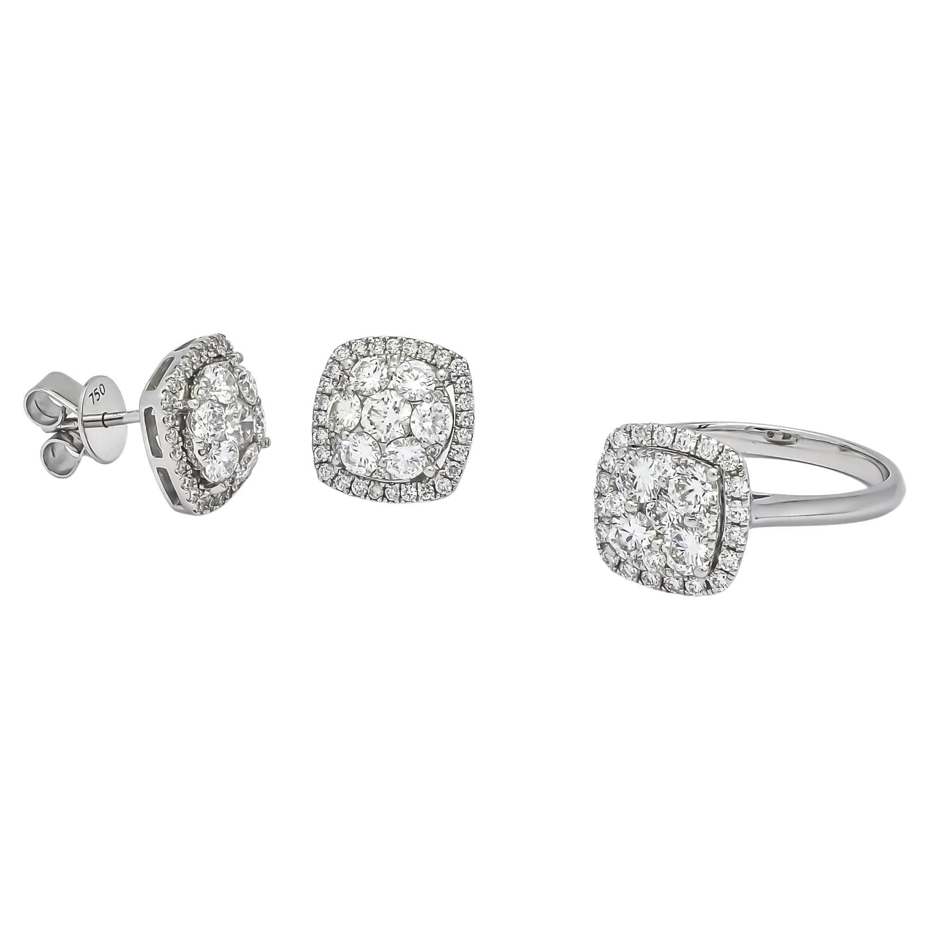 Natural Diamonds Halo Cluster Jewelry Set, 18 Karat White Gold Diamond Set For Sale