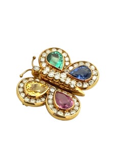 18kt Gold Natural Emerald with Sapphires Diamond Gold Brooch