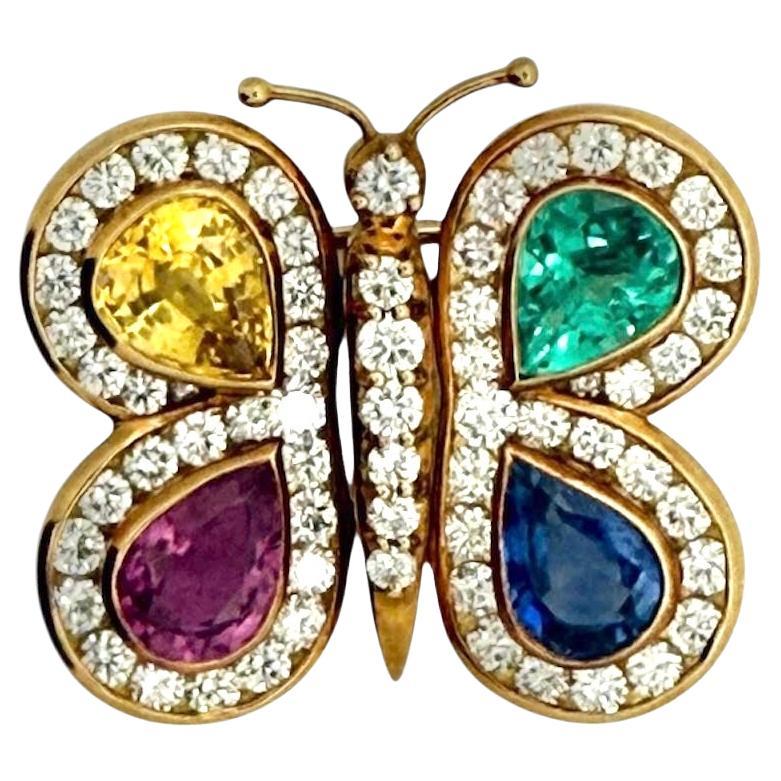 18kt Gold Natural Emerald with Sapphires Diamond Gold Brooch