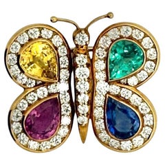 18kt Gold Natural Emerald with Sapphires Diamond Gold Brooch