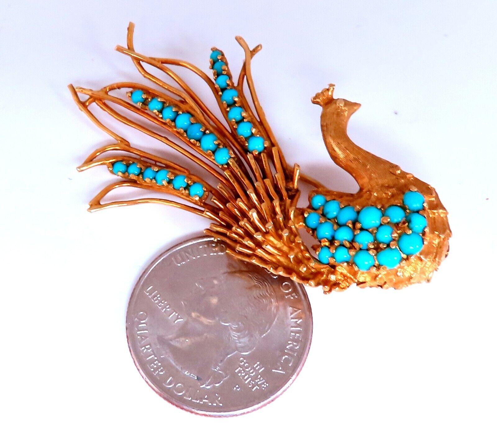 Uncut 18kt Gold Natural Turquoise Peacock Pin Vintage For Sale