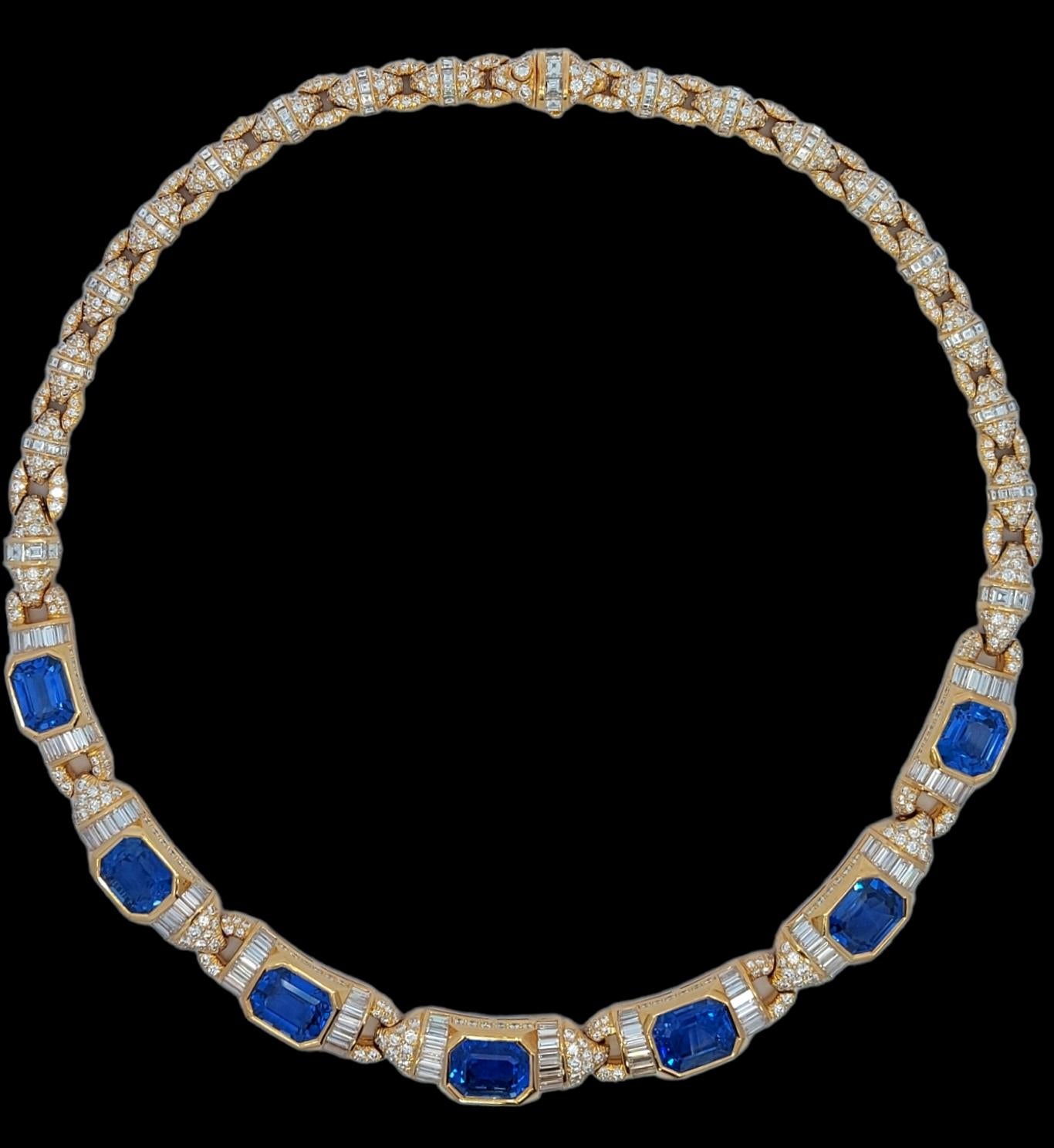 GRS Certified Magnificent 18kt Yellow Gold Necklace with 41.6 ct Unheated Sapphires and Diamonds from the Estate 
of his Majesty Qaboos bin Said

Qaboos bin Said Al Said was Sultan of Oman from 23 July 1970 until his death in 2020

Unique &