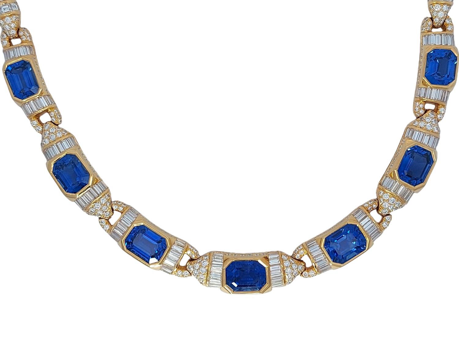 Emerald Cut GRS 18kt Necklace 41.6 ct NH Sapphires & Diamond to His Majesty Qaboos Bin Said For Sale