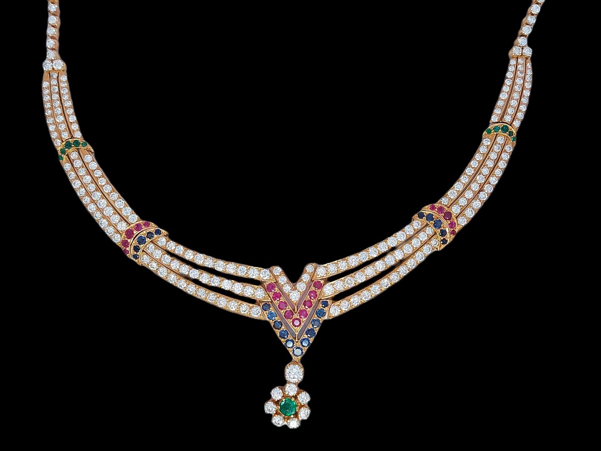 18kt Gold Necklace, Earrings, Bracelet, Ring Set with Diamonds& Precious Stones For Sale 13