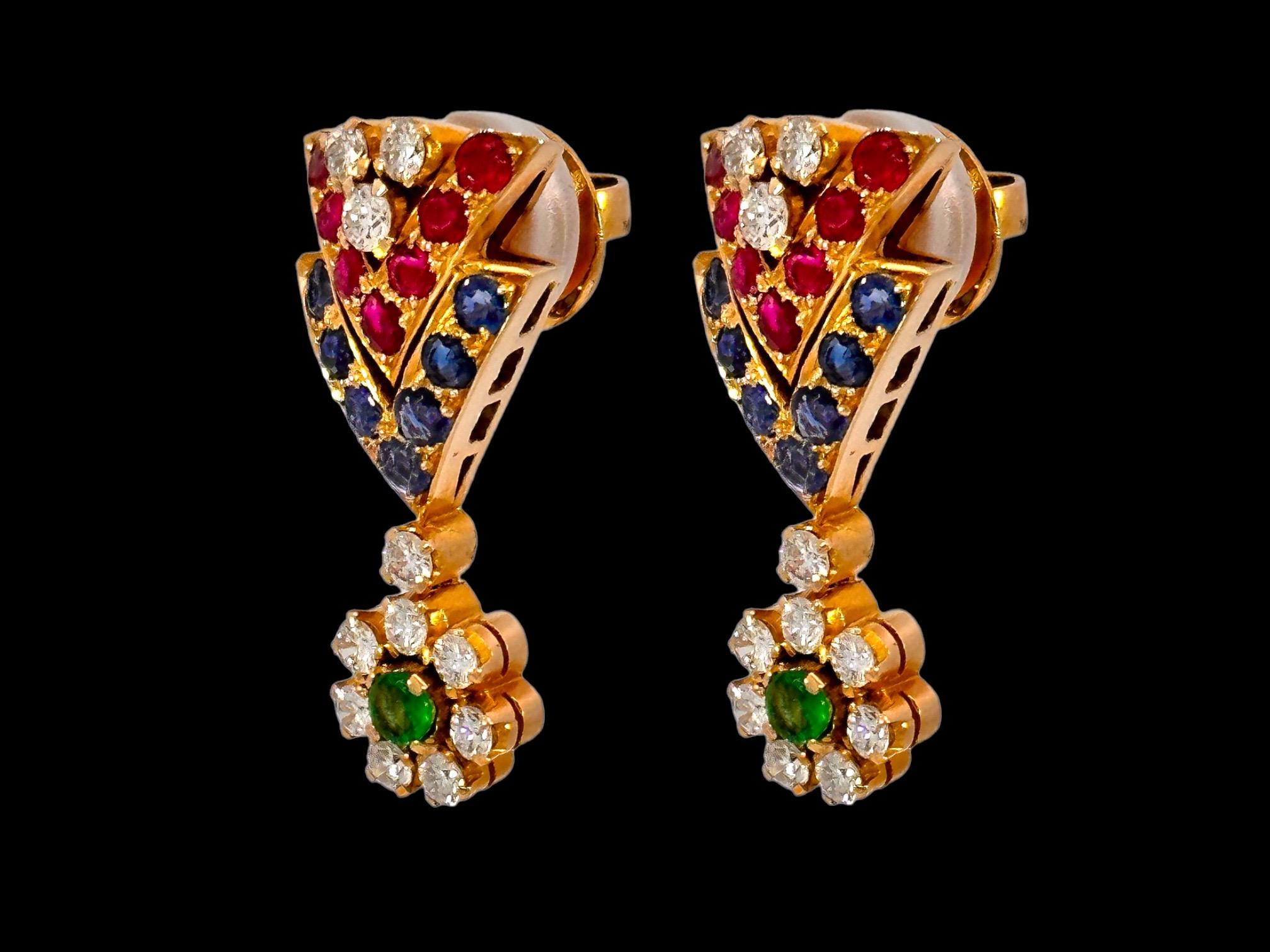 Brilliant Cut 18kt Gold Necklace, Earrings, Bracelet, Ring Set with Diamonds& Precious Stones For Sale