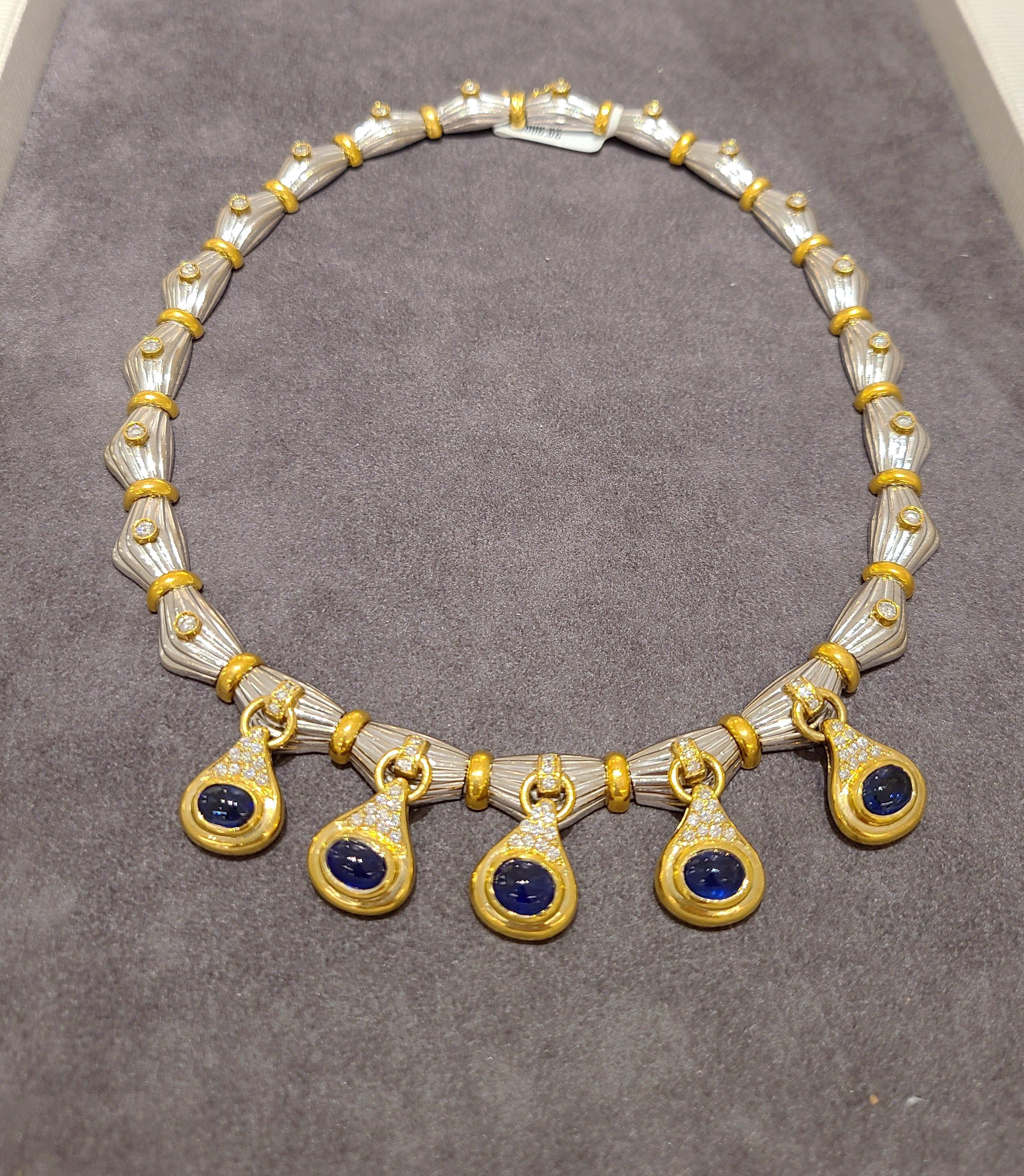 18KT Gold Necklace with 14.75Ct. Cabochon Blue Sapphires and 2.25 Carat Diamonds In New Condition For Sale In New York, NY