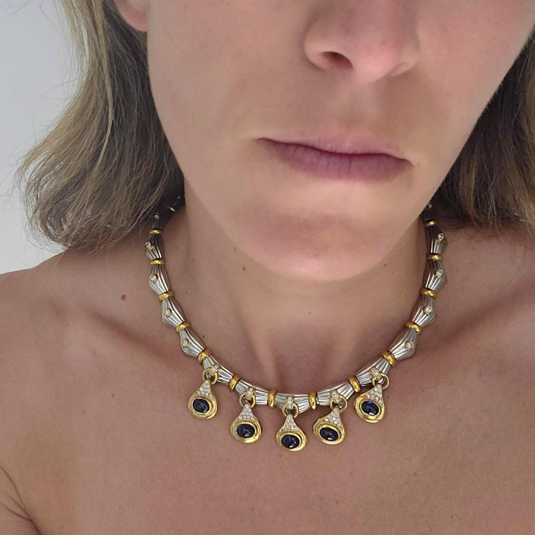 18KT Gold Halskette mit 14,75 Karat. Blaue Cabochon-Saphire und 2,25 Karat Diamanten für Damen oder Herren im Angebot