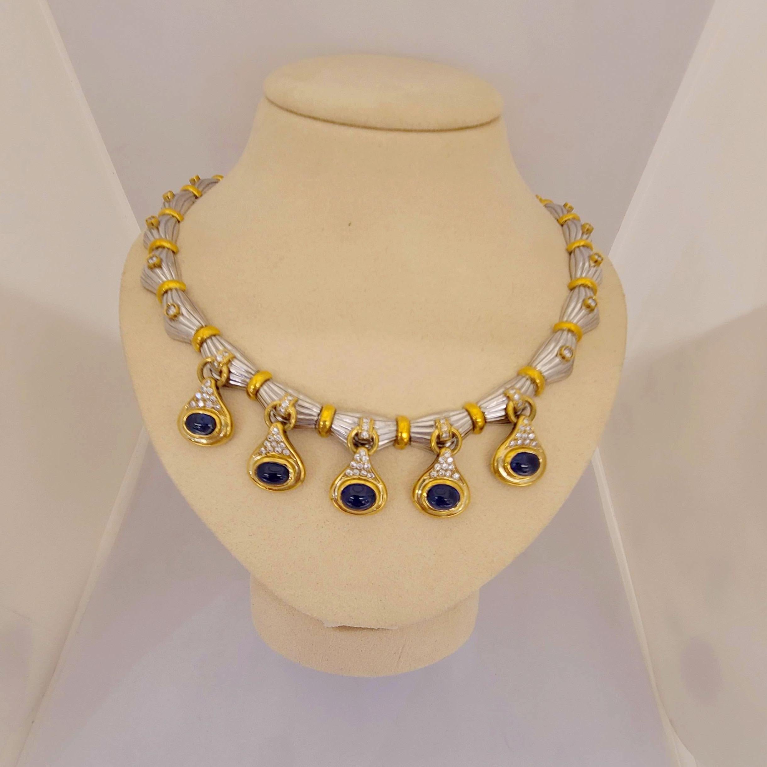 18KT Gold Necklace with 14.75Ct. Cabochon Blue Sapphires and 2.25 Carat Diamonds For Sale 1