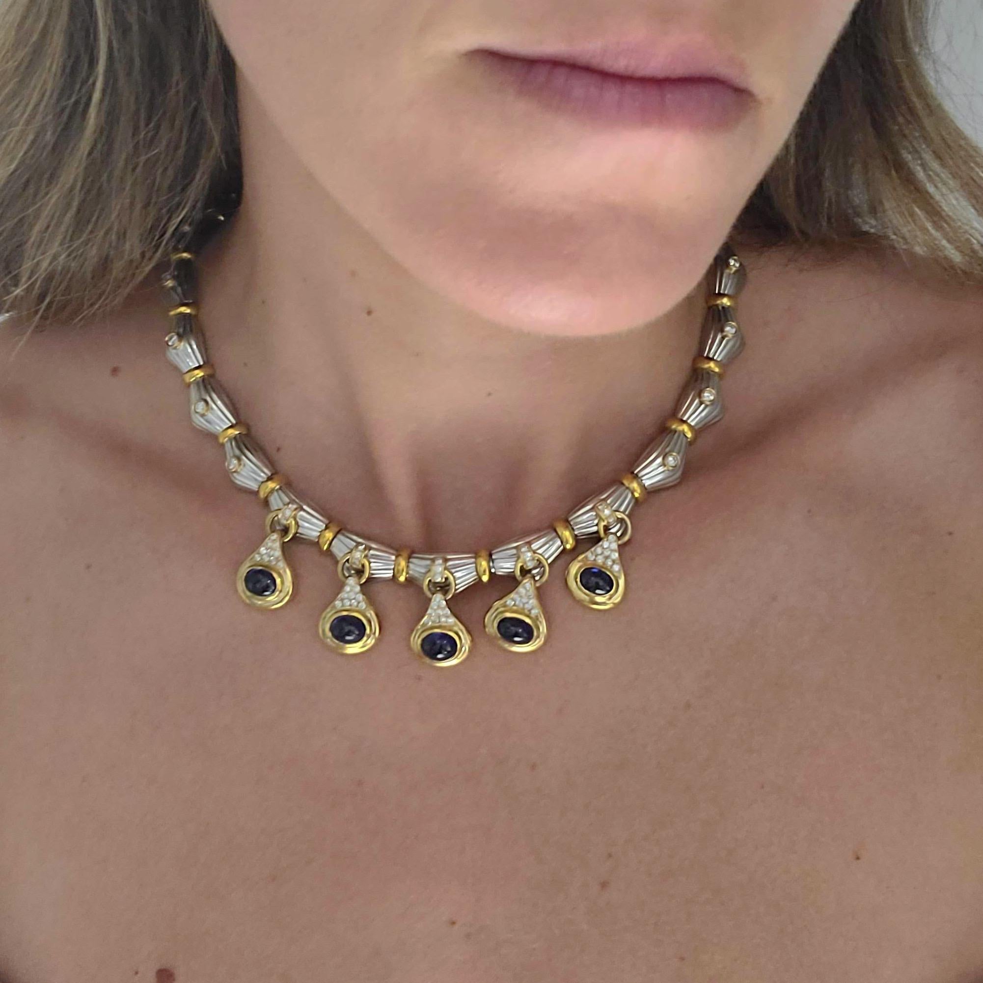 18KT Gold Halskette mit 14,75 Karat. Blaue Cabochon-Saphire und 2,25 Karat Diamanten im Angebot 2