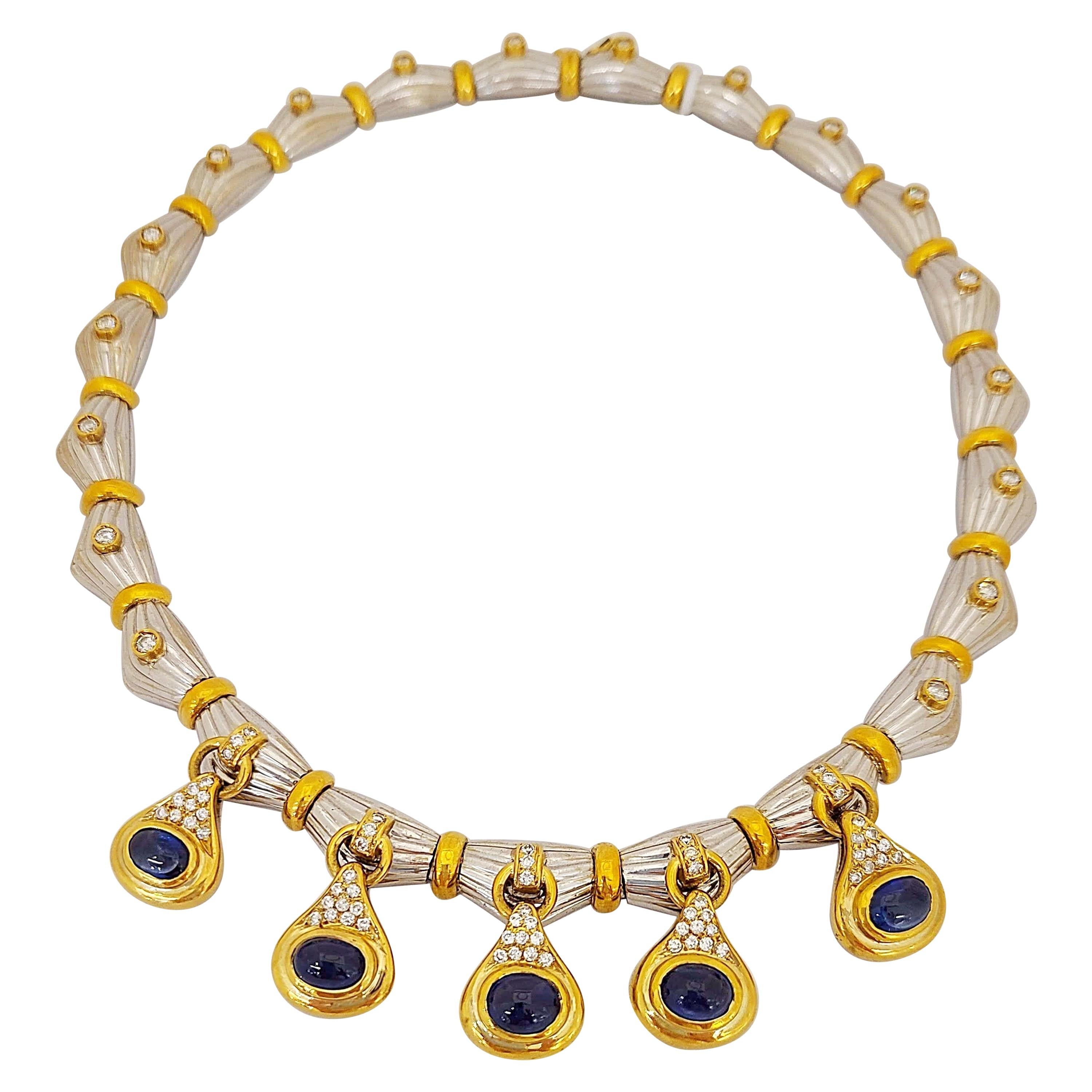 18KT Gold Necklace with 14.75Ct. Cabochon Blue Sapphires and 2.25 Carat Diamonds For Sale