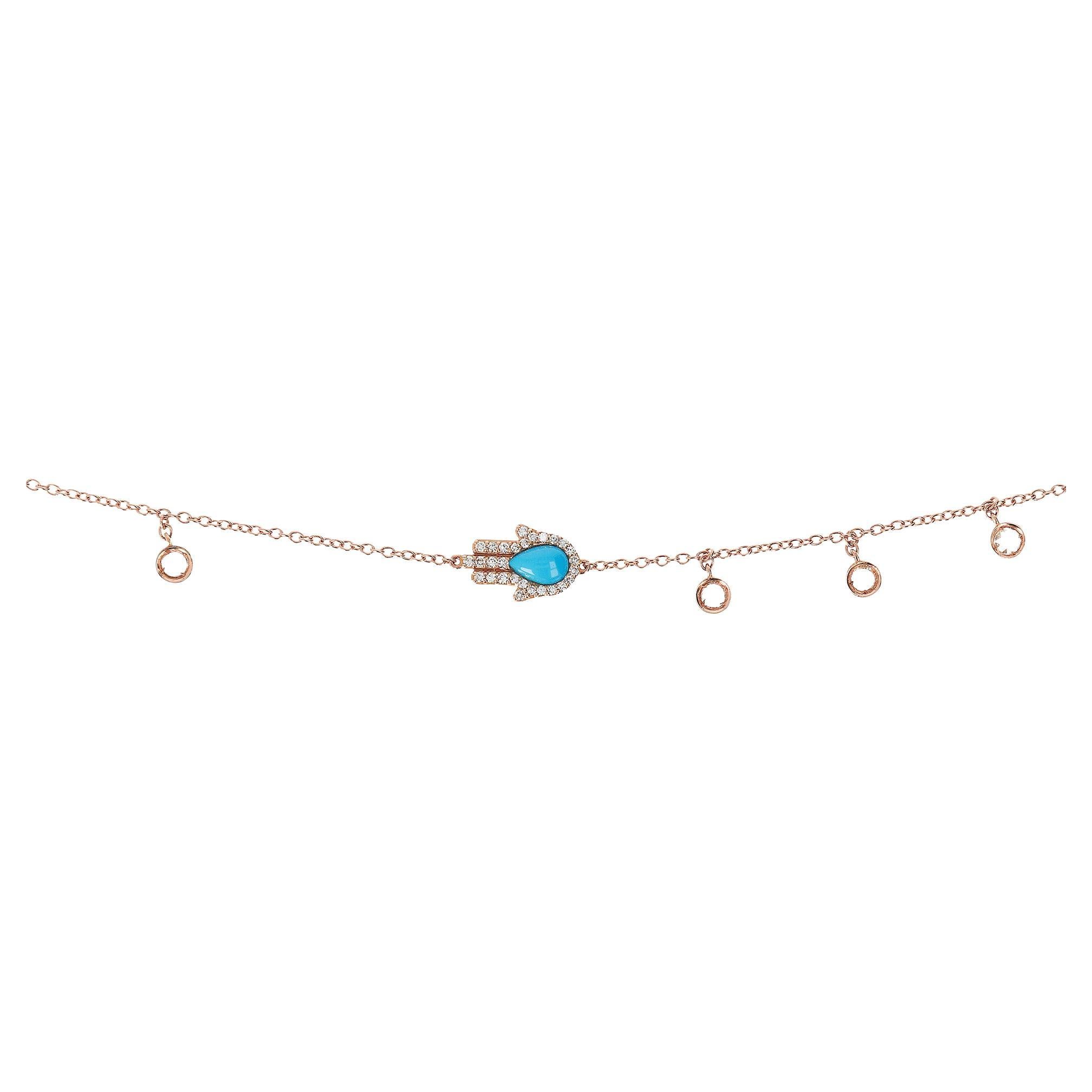 18kt gold necklace with diamond & turquoise hand and dangling rose-cut diamonds For Sale