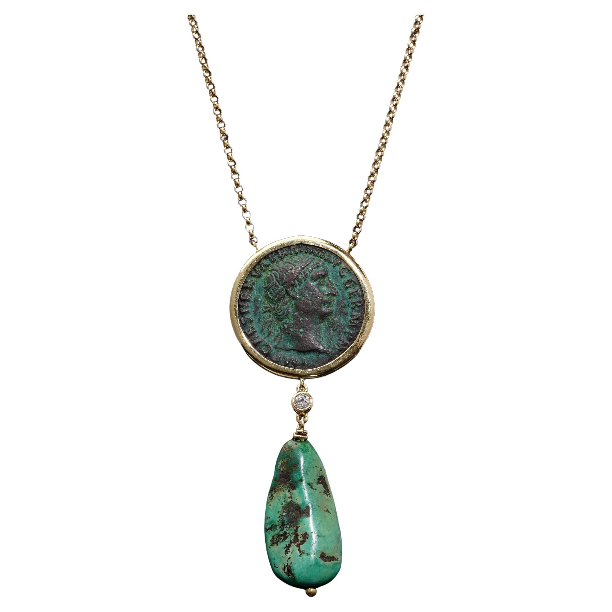 Collier en or 18 carats avec perle de TRAJAN et goutte de turquoise  A.98-99 ADS.