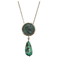 18KT GOLD NECKLACE WITH TRAJAN COIN & TURQUOISE DROP  c.98–99 AD
