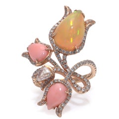 18KT Gold Opal, Coral and Diamond Flower Ring