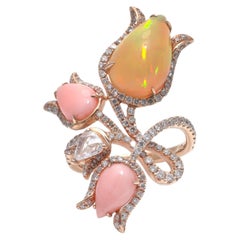 18KT Gold Opal, Coral and Diamond Flower Ring